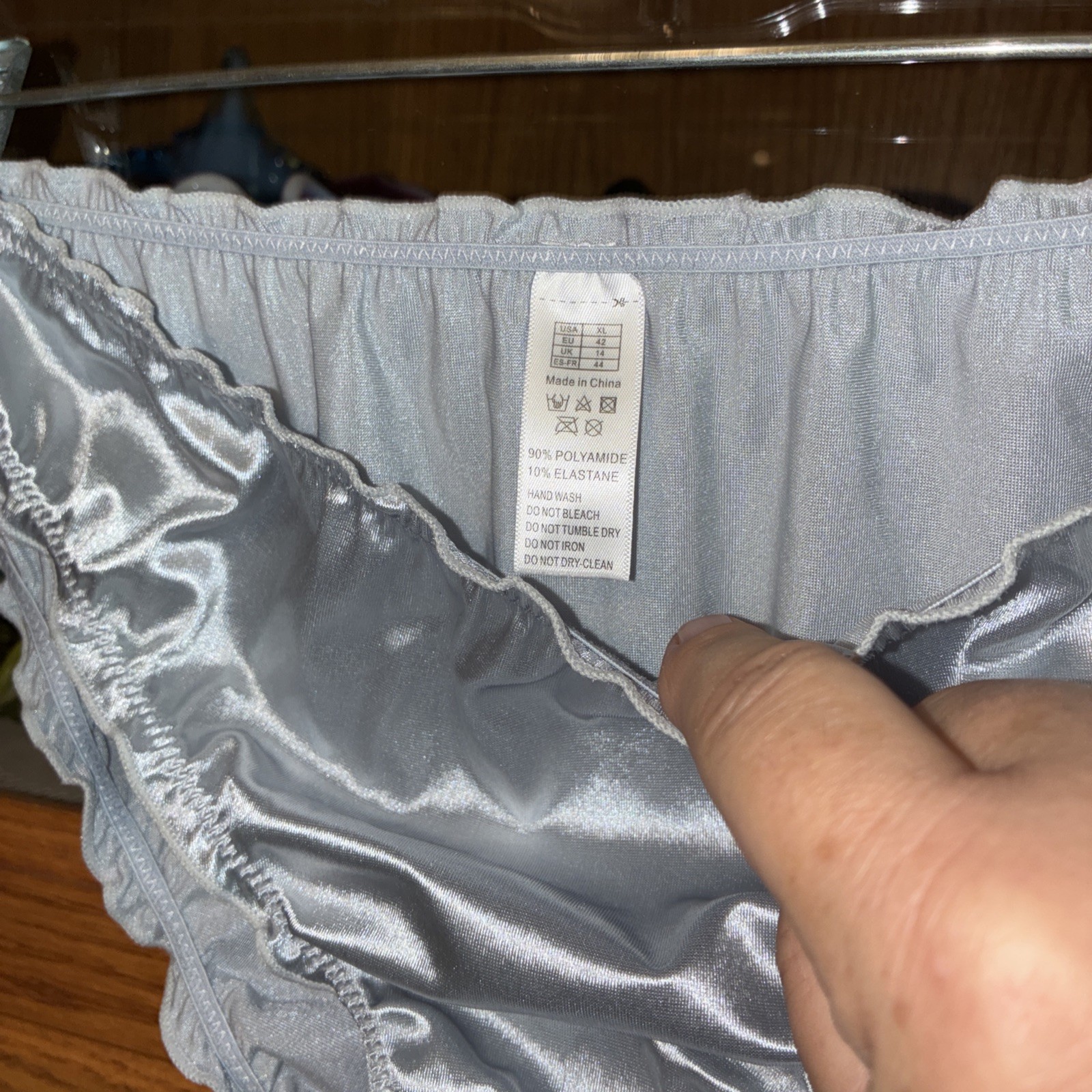 Vintage XL Bikini High Cut Panties Shiny Glossy Silver Polymide Panty Ruffled