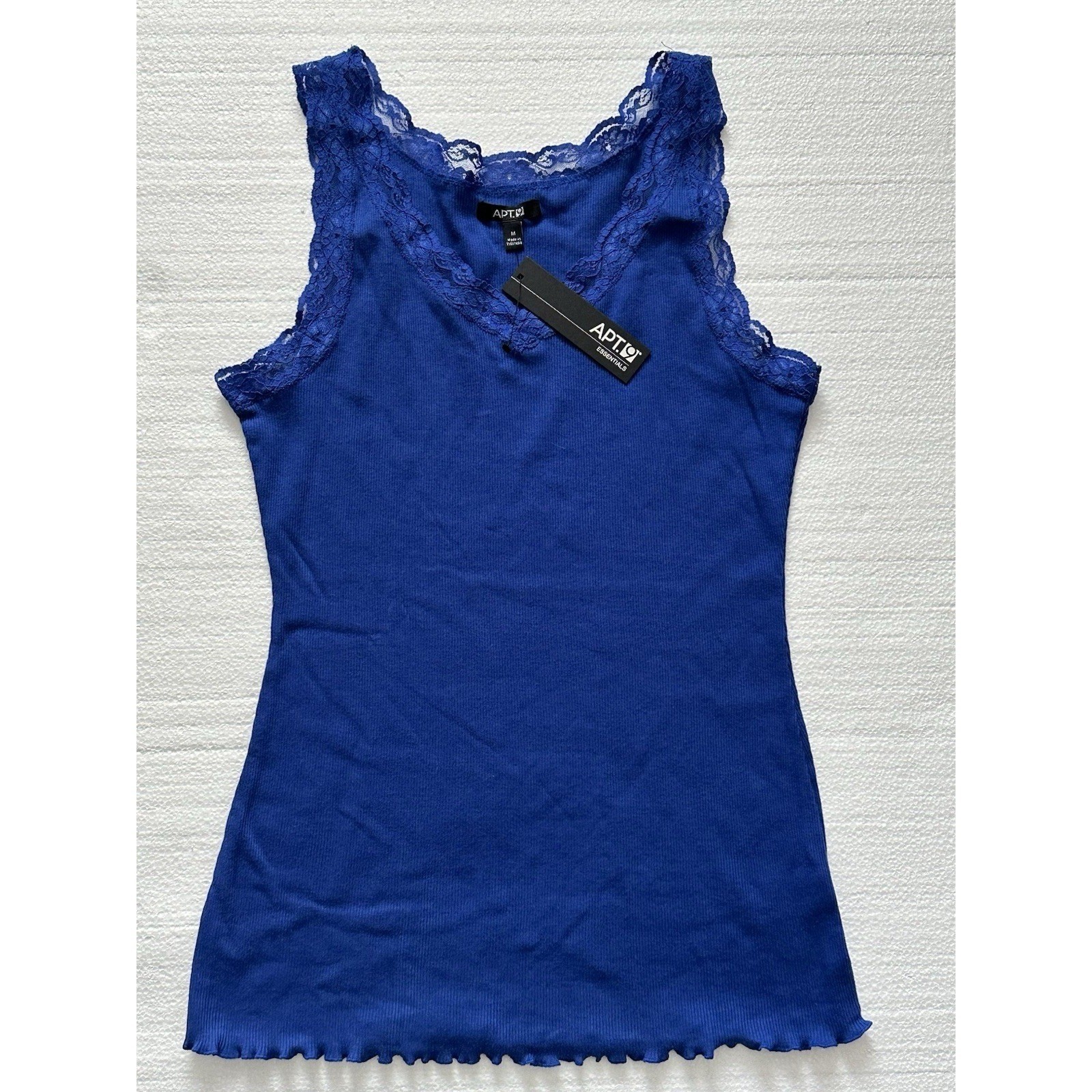 NWT Apt. 9 Y2K Lace Trim Babydoll Top Womens M Dark Blue Stretch Lettuce Hem