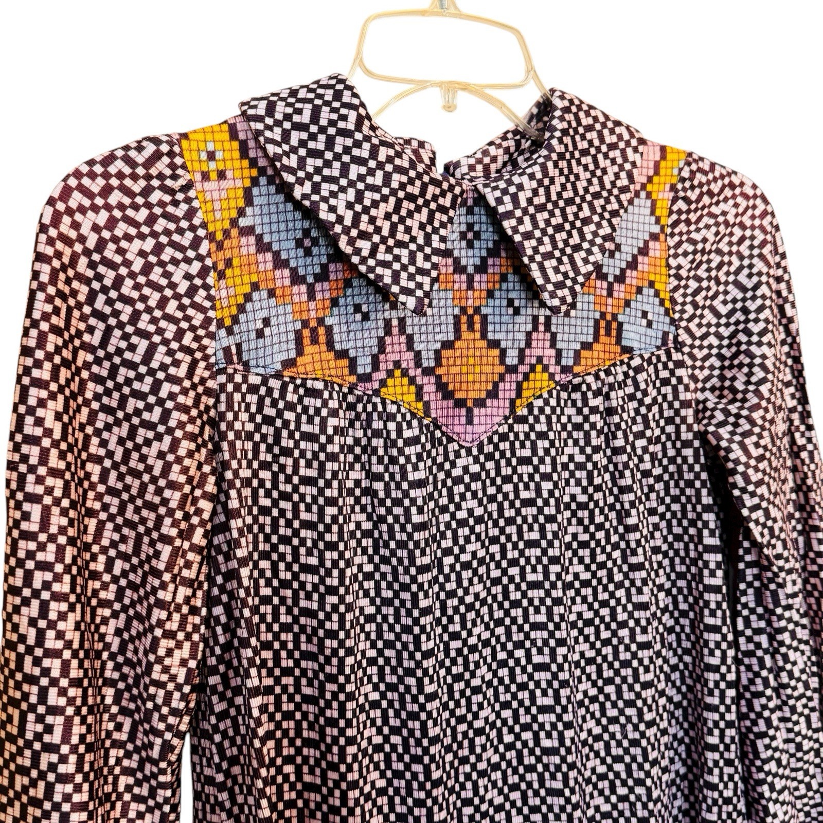 60s Vintage Mini Go Go Mod Geometrical Print Dagger Collar Twiggy Shift Dress S