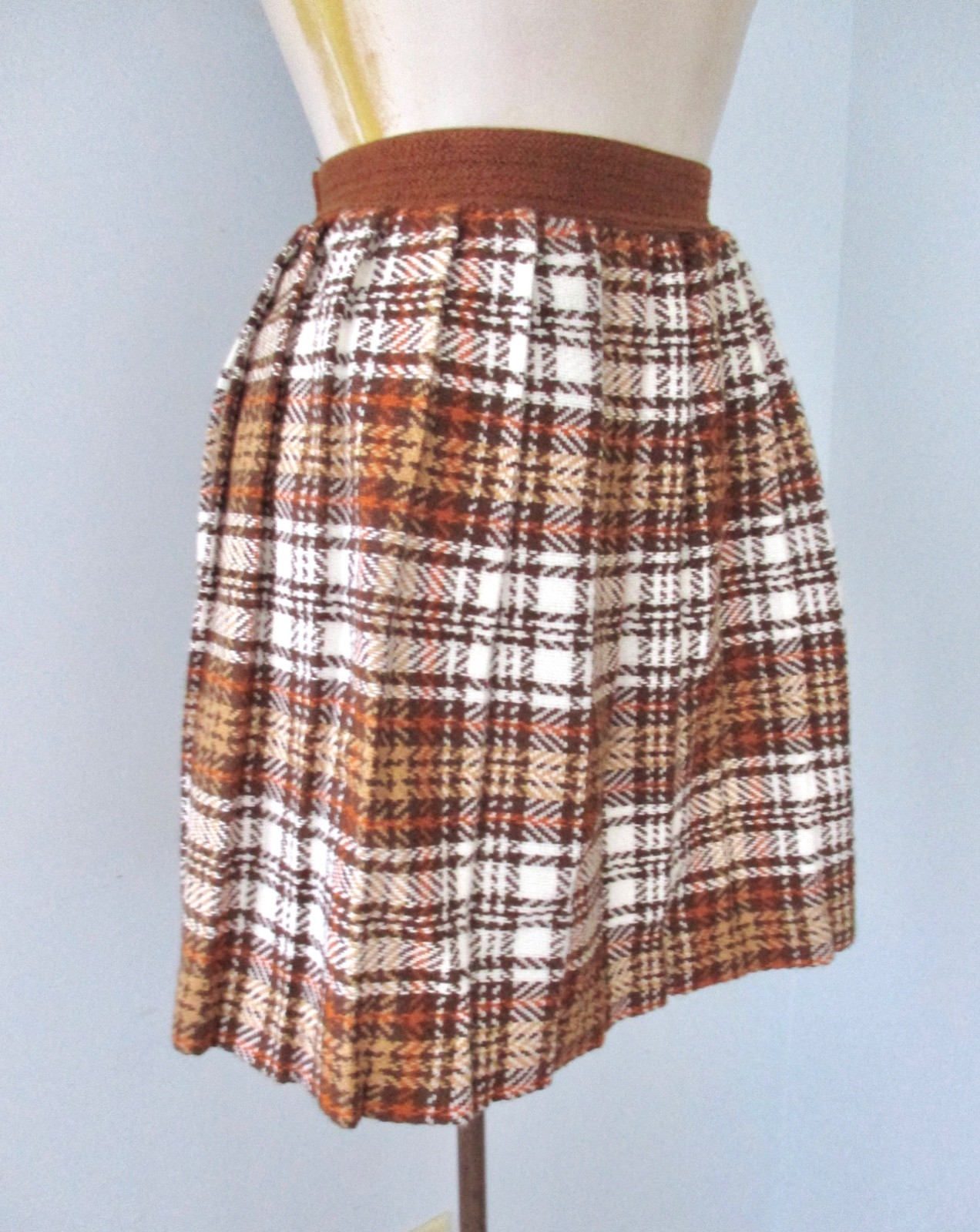 Vtg 60s 70s Rust Brown Plaid Skater Brady Mini Skirt Acrylic Tweedy Flannel S/M
