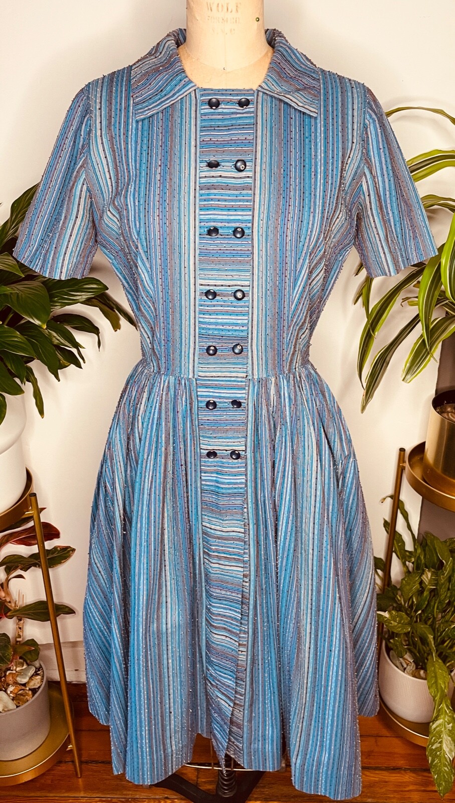 VTG 50’S HANDMADE BLUE&TAN DOTTED SILK STRIPE FULL CIRCLE SKIRT NEW LOOK DRESS*S