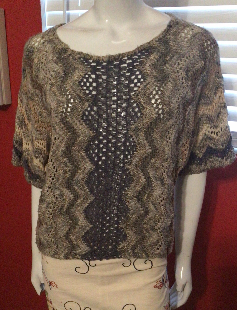 Vintage 80s Bonnie Boerer Chevron Print Open Weave Sweater