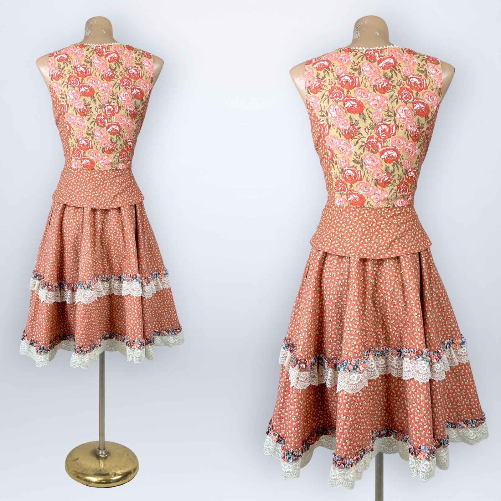 Rare Vintage 1970s Homespun Ltd Two-Piece Corset Top Skirt Set Prairie Calico