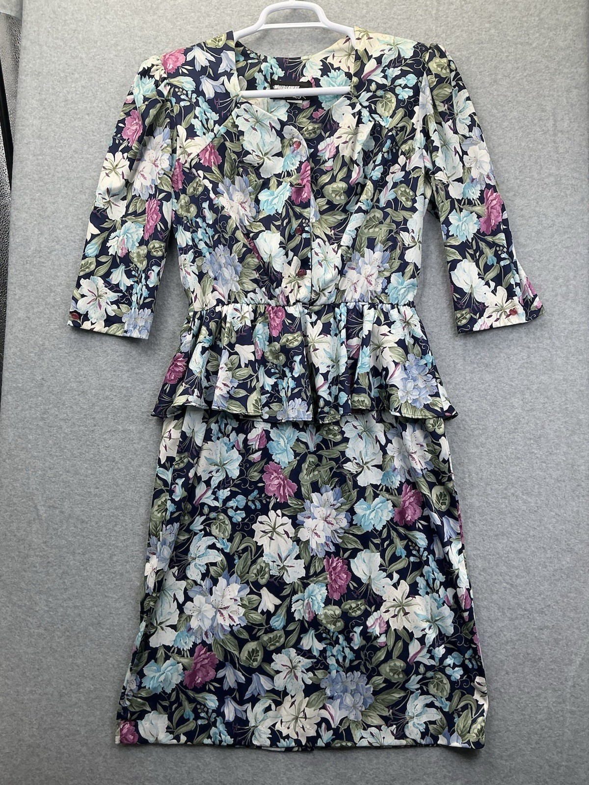 Vintage 80s Whirlaway Floral Peplum Dress Women’s 12P Petite 12 Colorful Midi
