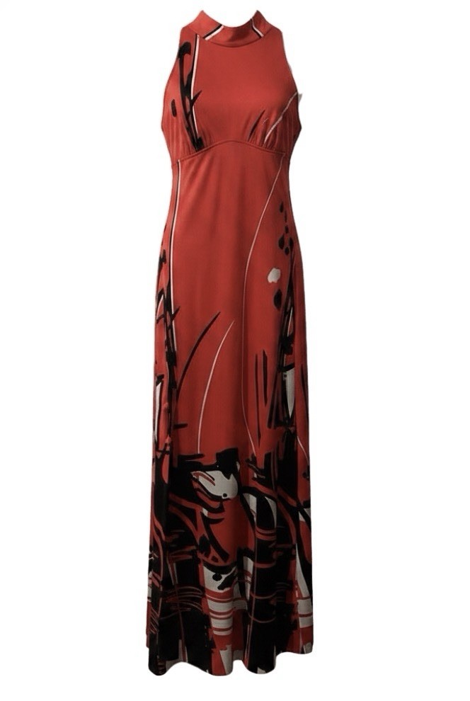 Vintage 70s Jantzen Halter Maxi Dress | Abstract Print | Orange + Black | Size M