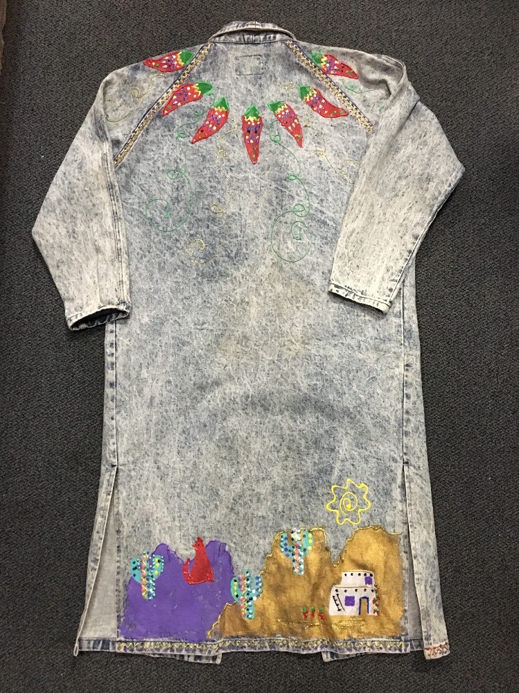 Vtg 80s 90s Acid Washed Denim Trench Coat Womens Unisex L-XL Jean Jacket Painted
