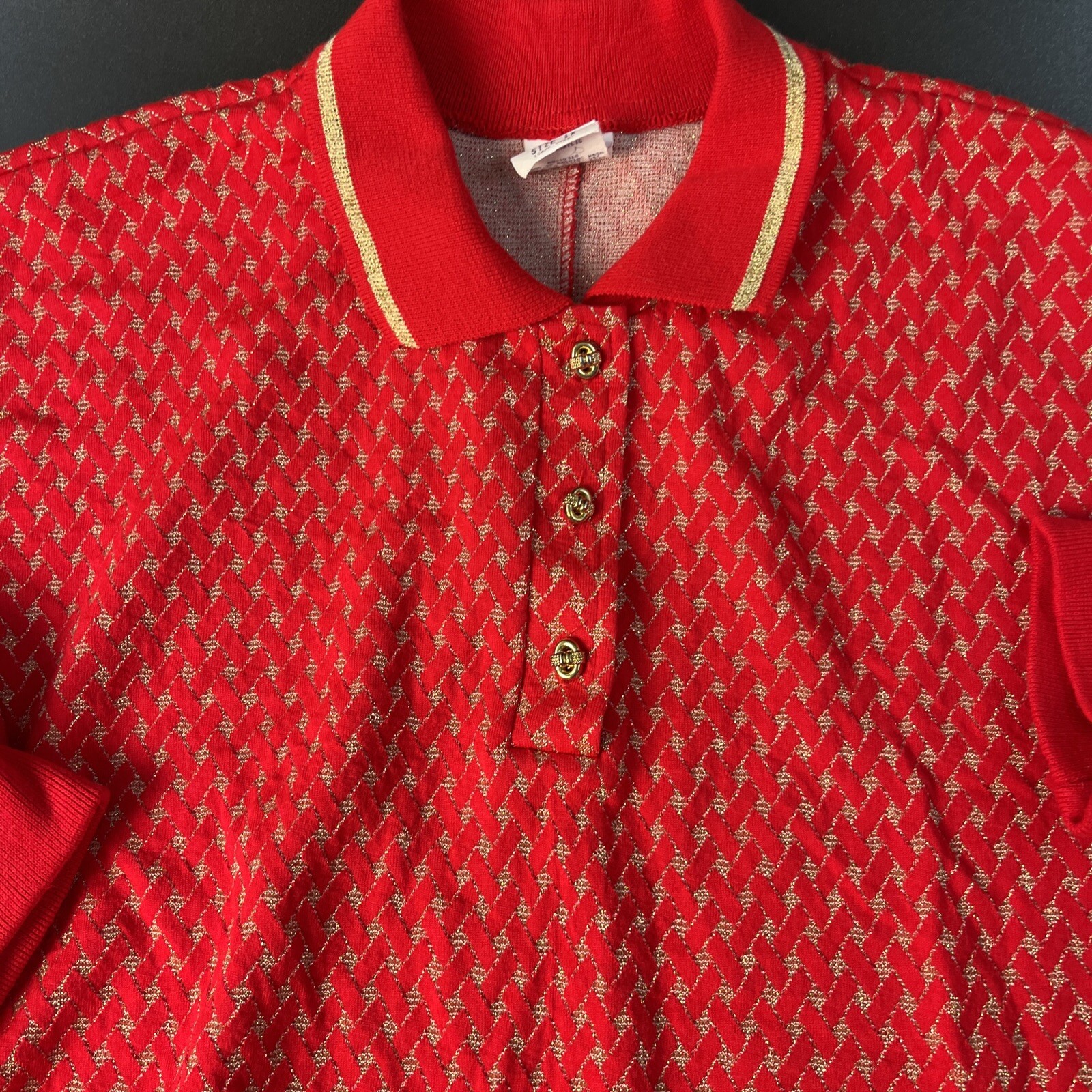 Vintage 80s Red & Gold Check Granny Core Collard Pullover Top Women Large/1X USA