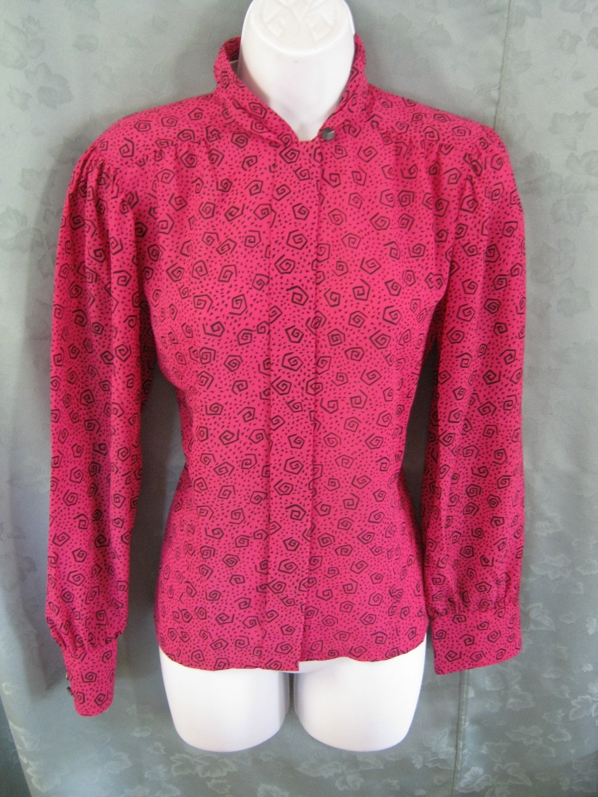VTG 80’s Josephine Blouse Size 6 Hot Pink & „New Wave” Print High Neck Top