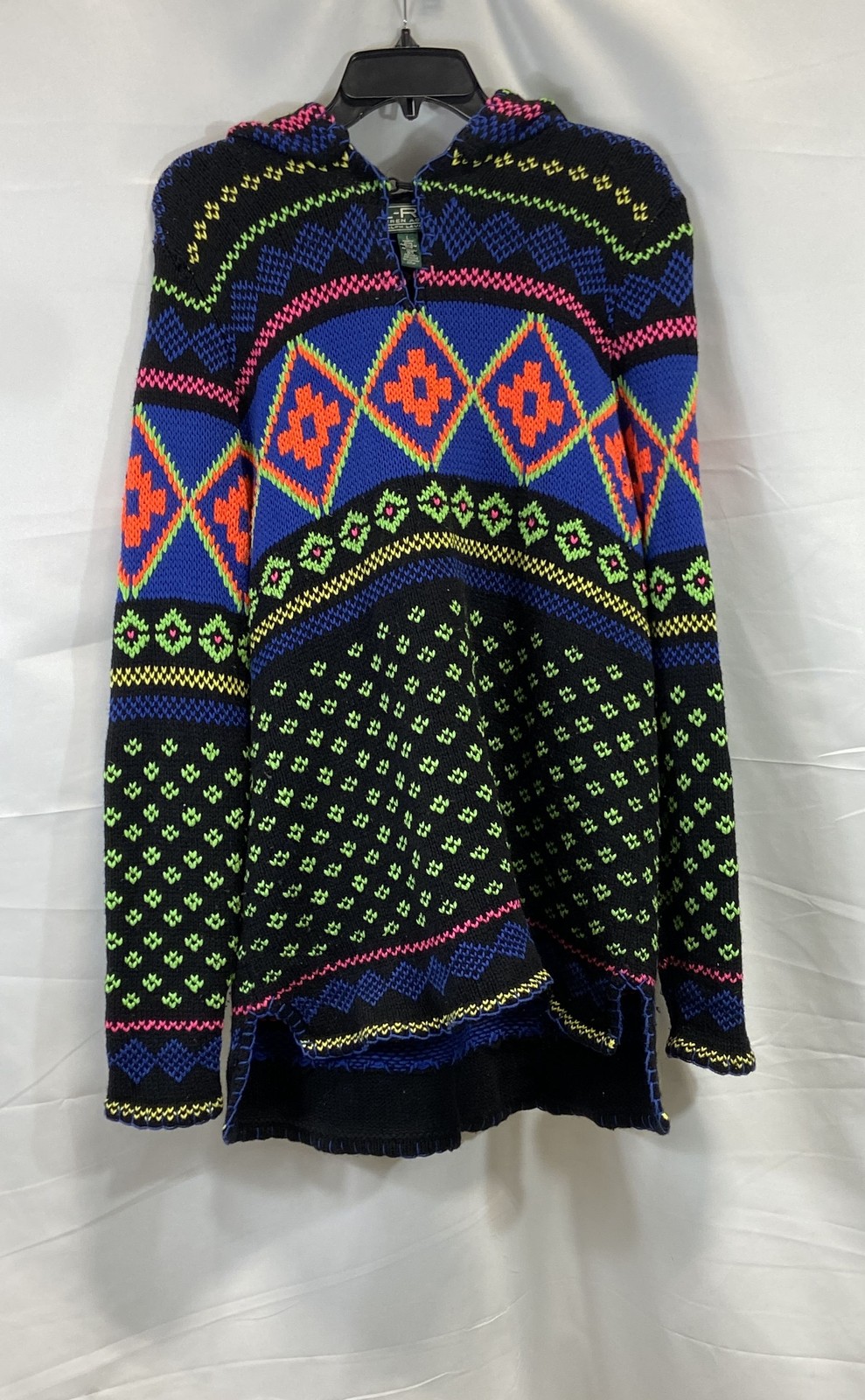 Vintage Y2K Lauren Ralph Lauren Women’s Neon Fair Isle Knit Hooded Sweater Sz L