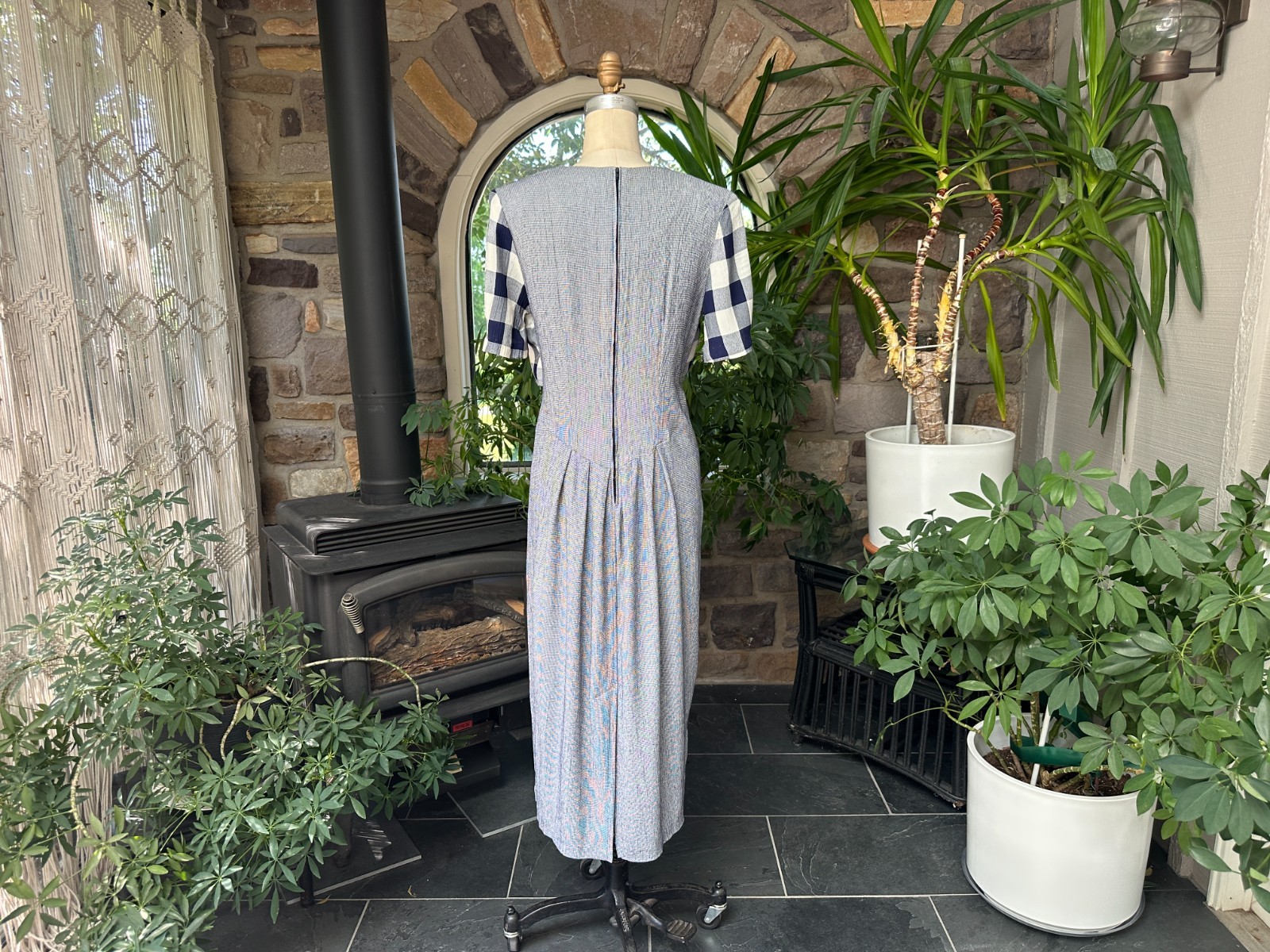 Vintage 1990s Blue and White Check Midi Dress TR Bentley