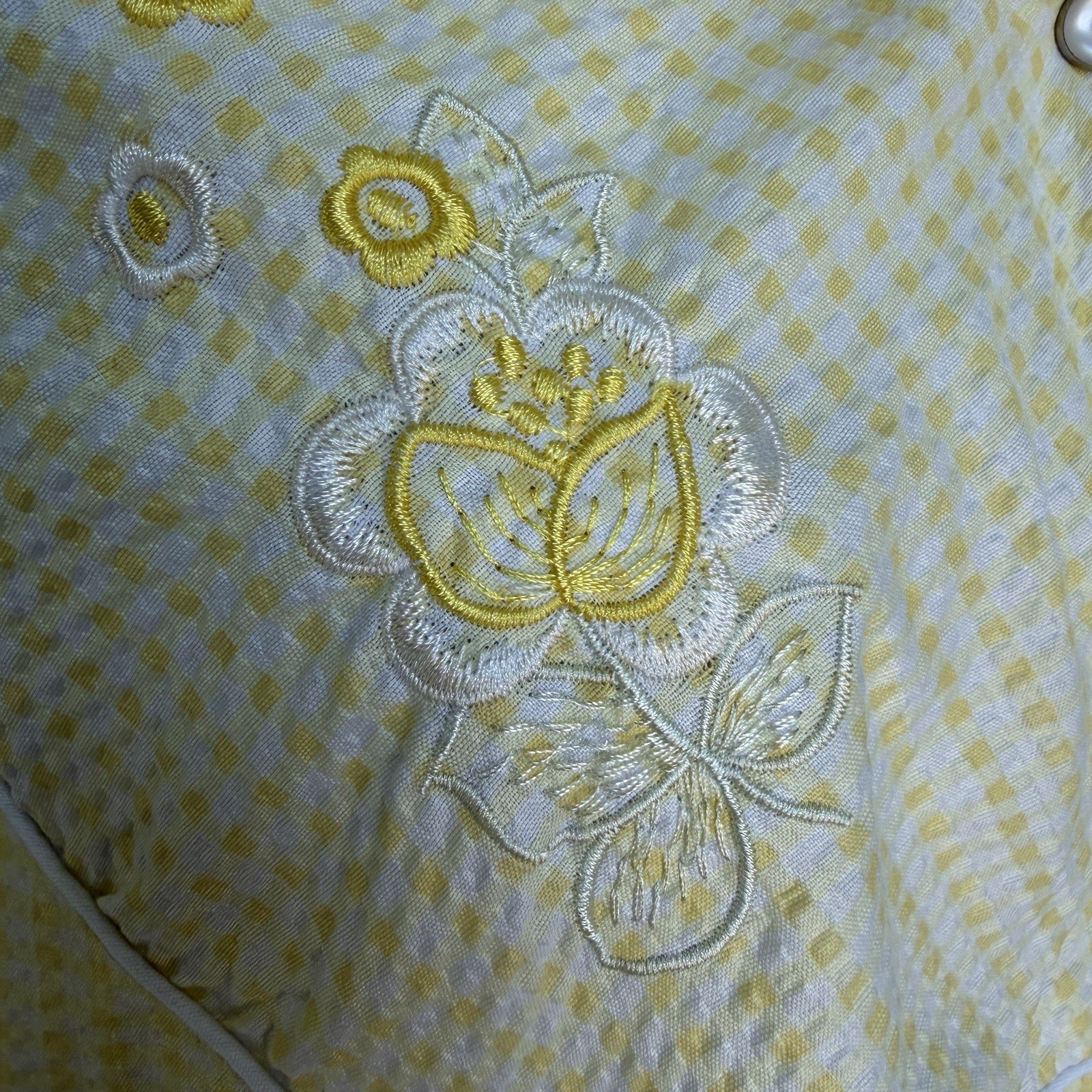Vintage 90s XL Butter Yellow Gingham House Dress Floral Embroidered Cottagecore