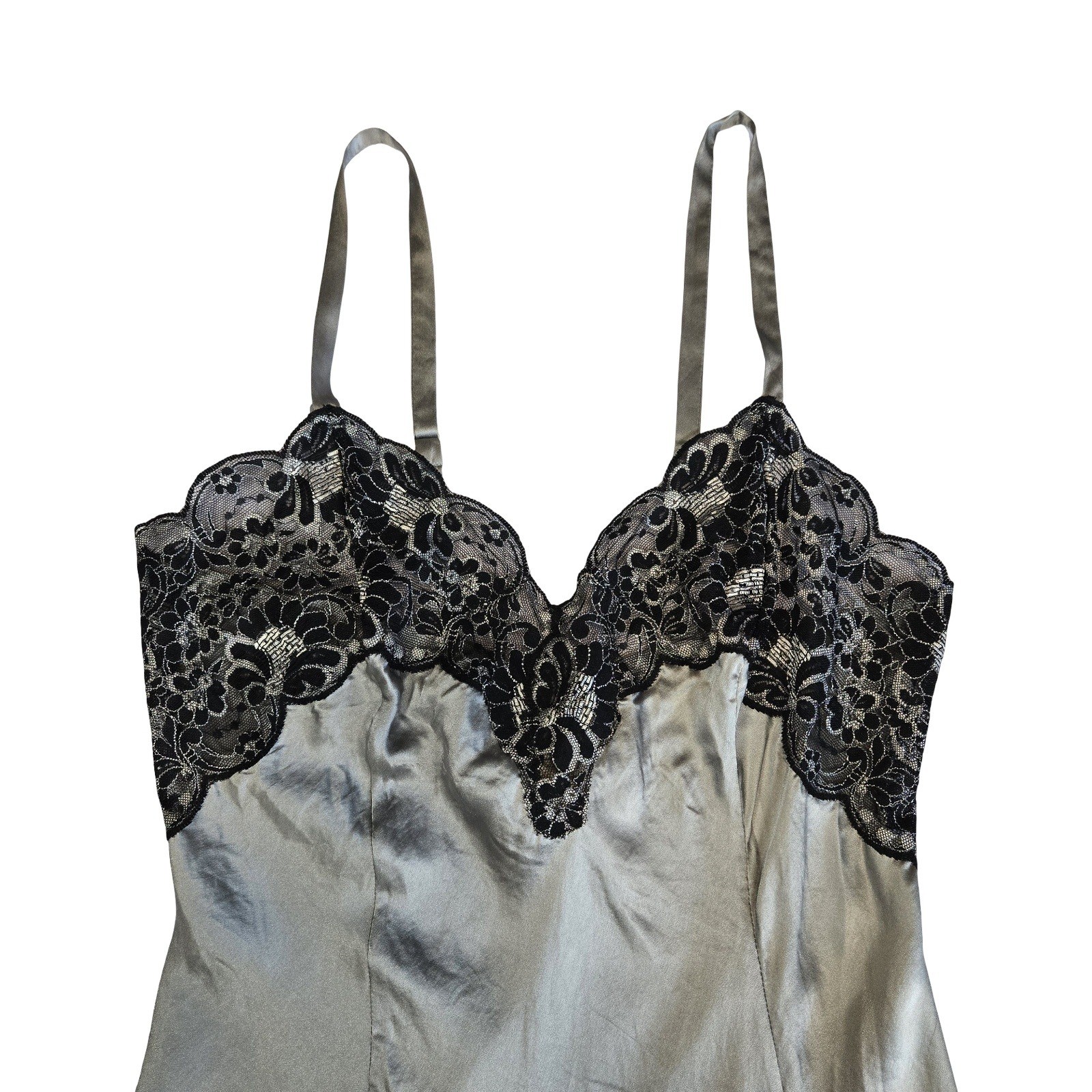 VTG 90s gray silk black lace Victorias Secret slip dress lingerie / gold label