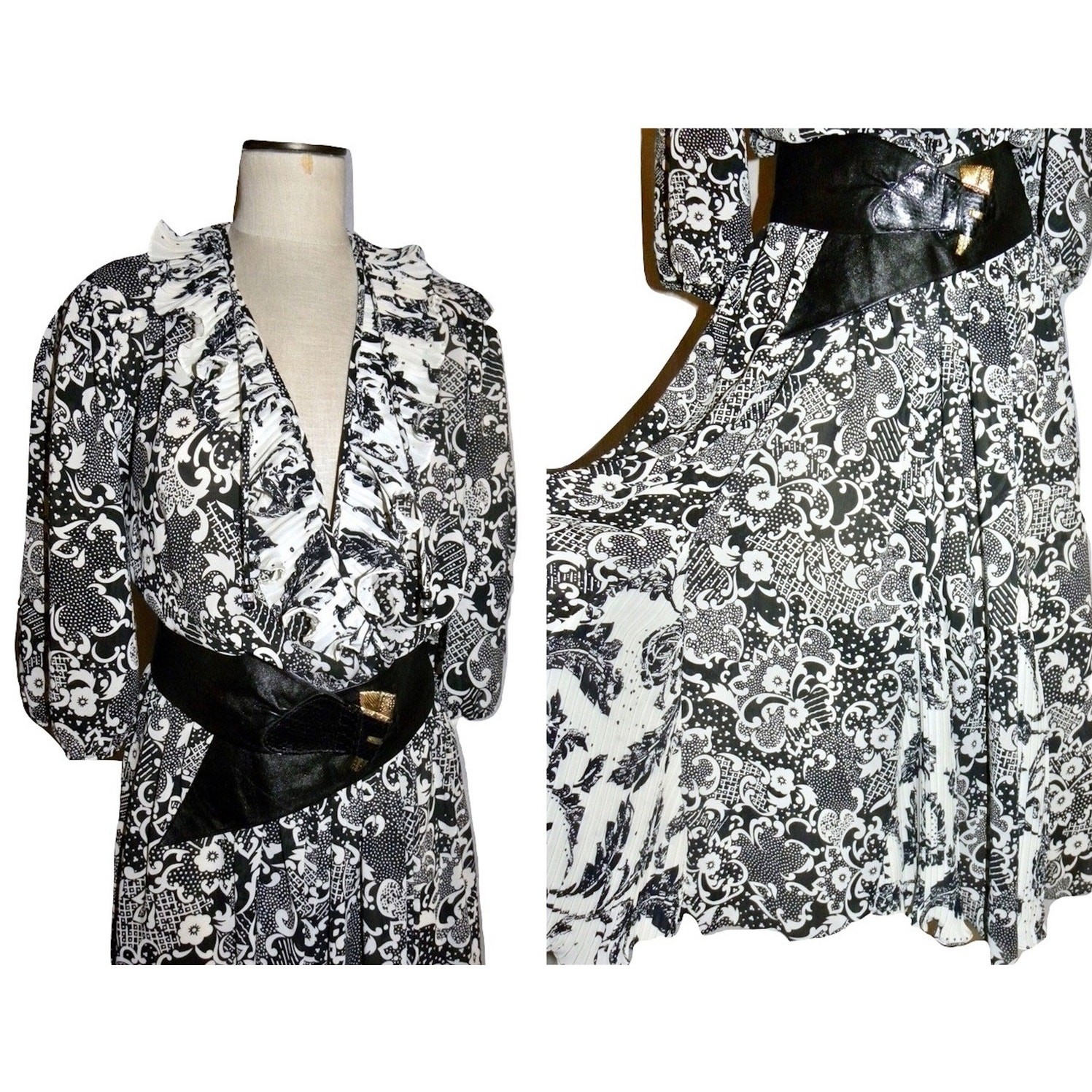 Vintage Susan Freis Black White Graphic Georgette Dress | M/L