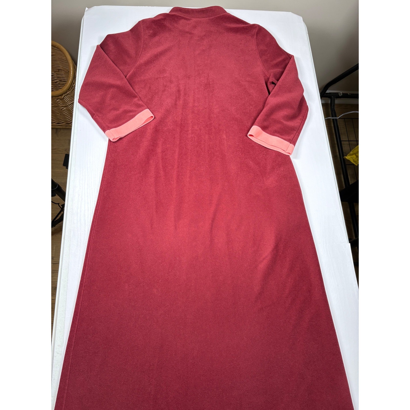 Vintage JCPenney Burgundy Velour Colorblock Zip Front Robe Housecoat Size 14 70s