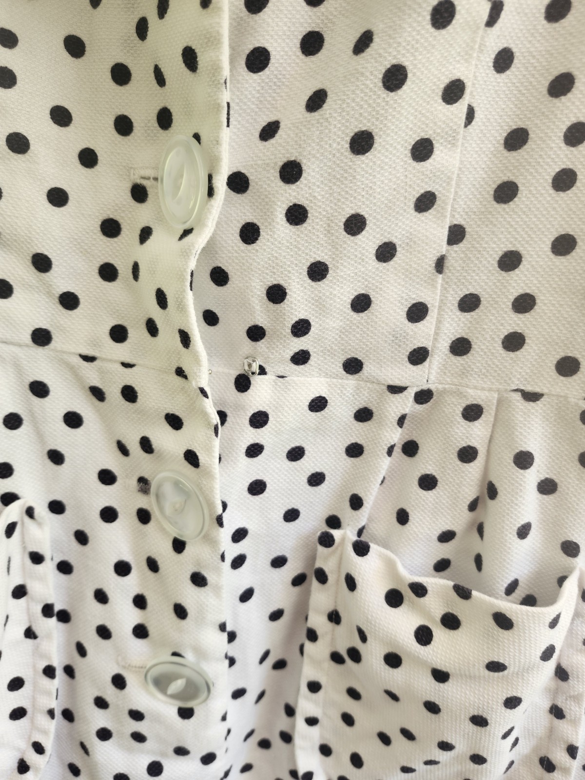 Vg 50s Dress White w/Black Polka Dot Fitted Waist Lrg Button Front W Pockets S/M