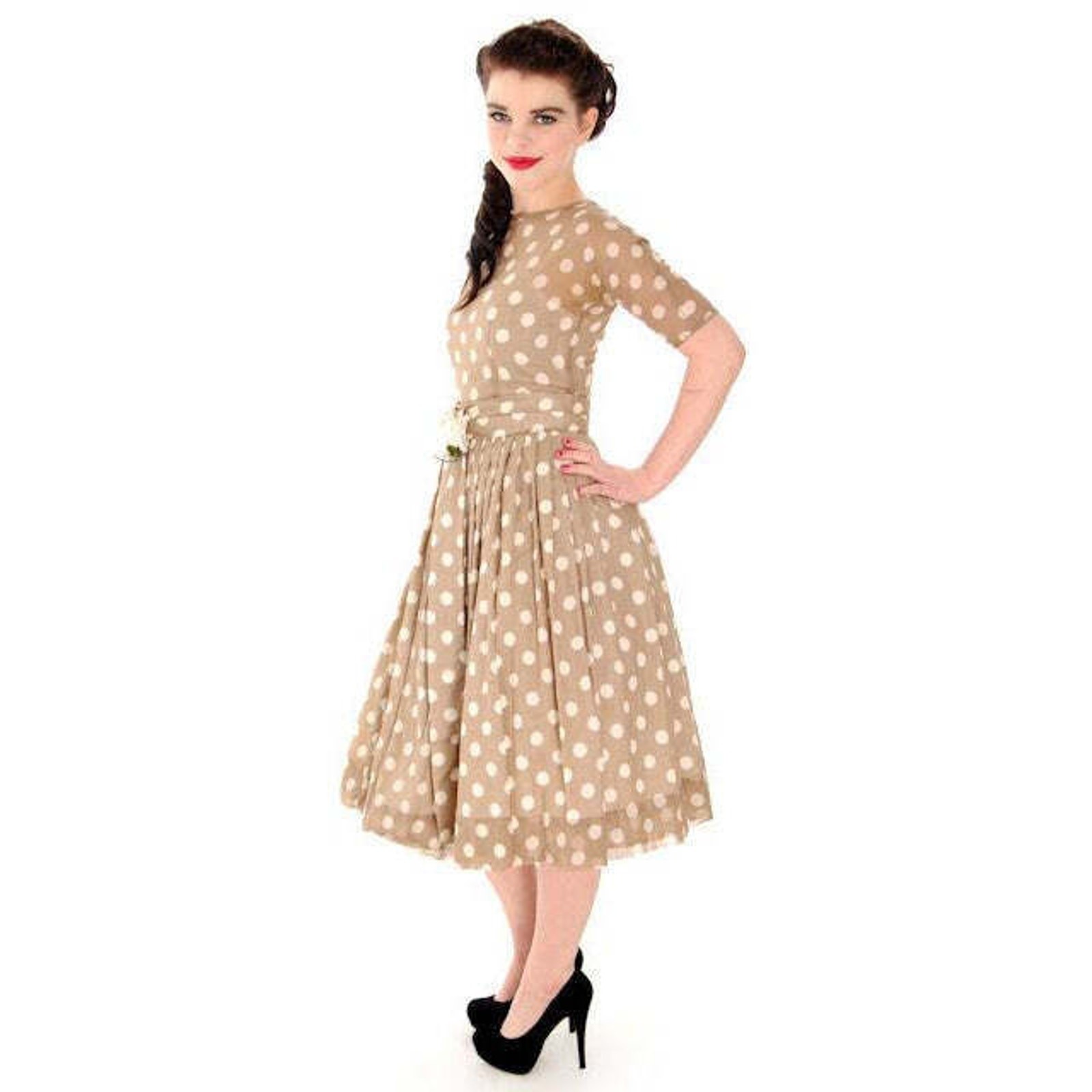 VTG 1950s Taupe Polka Dot Sheer Cotton Dress New Look