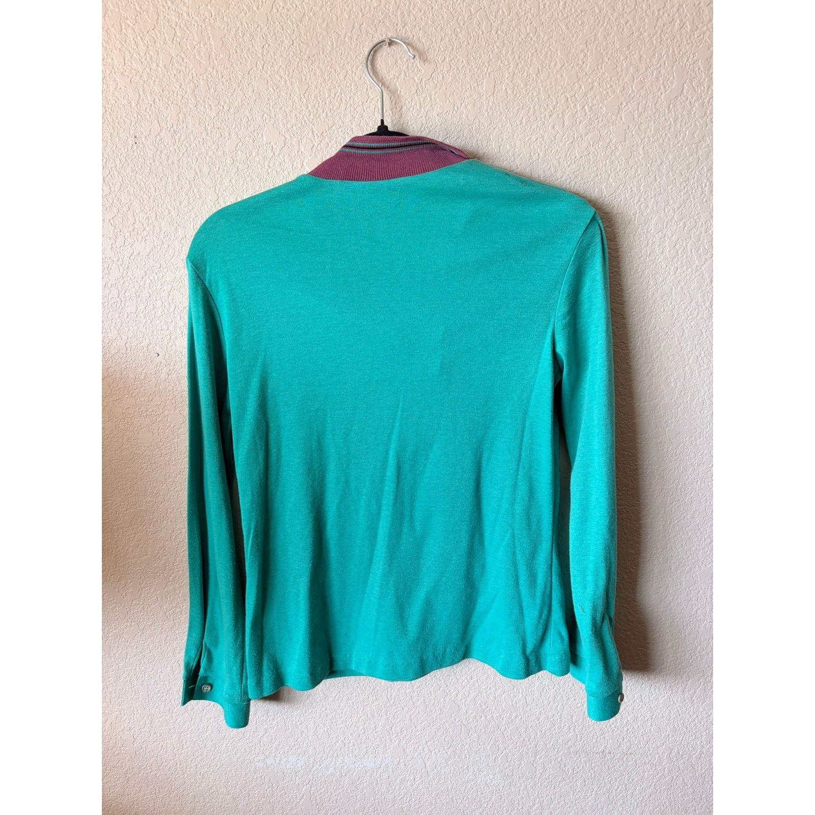 Vintage White Stag Womens Teal Green Long Sleeve Polo Shirt Burgundy Collar Logo