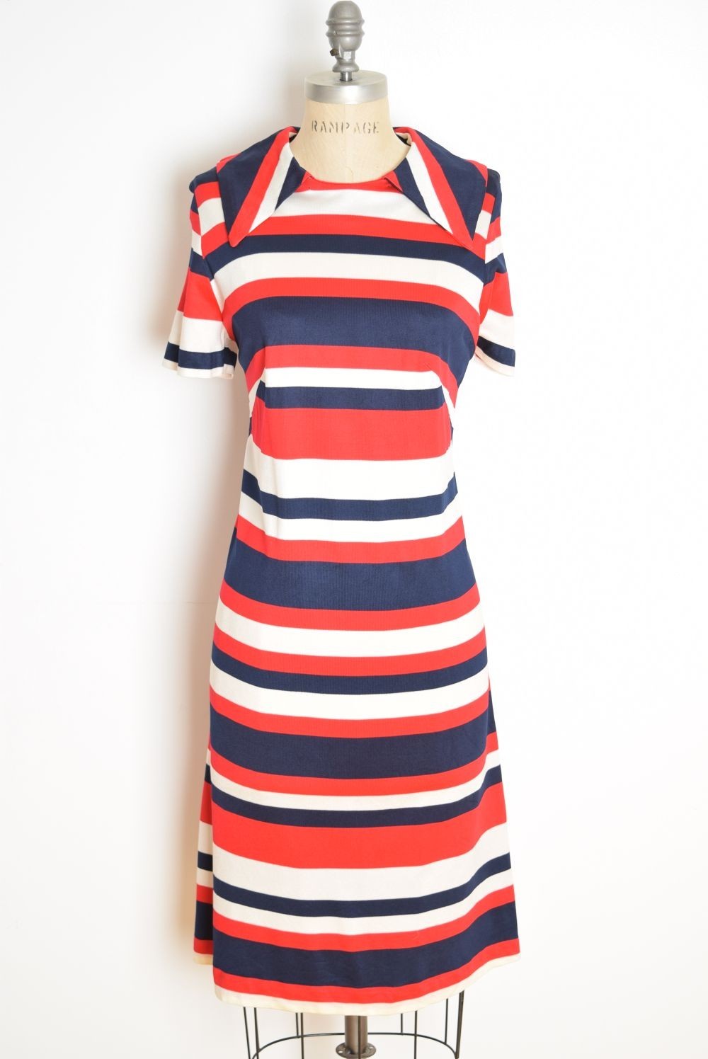 vintage 60s dress red white navy striped pointy dagger collar mod mid century M