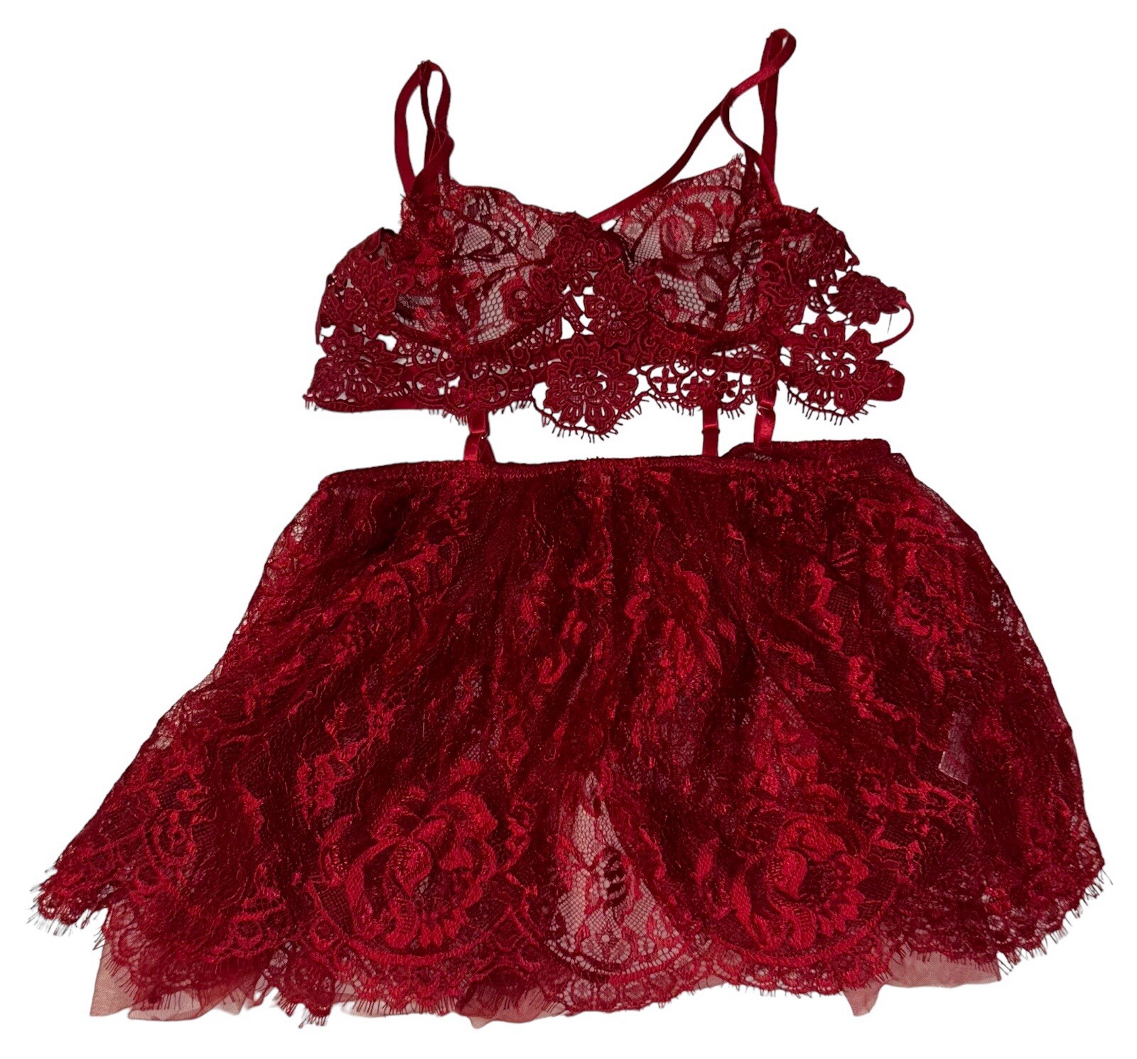Avidlove Maroon Shiny Silky Lace Sheer Romper Nightie Women’s S NOS