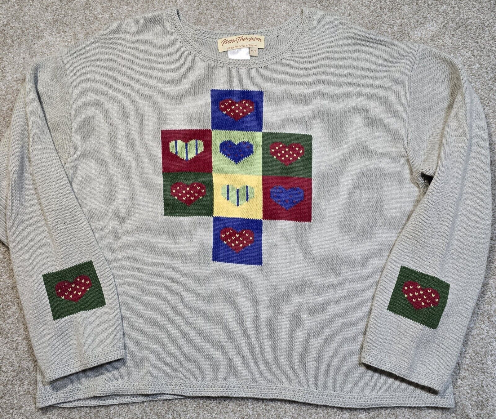 Norm Thompson Vtg Cotton Sweater Patchwork Hearts Long Sleeve Pullover M Petite