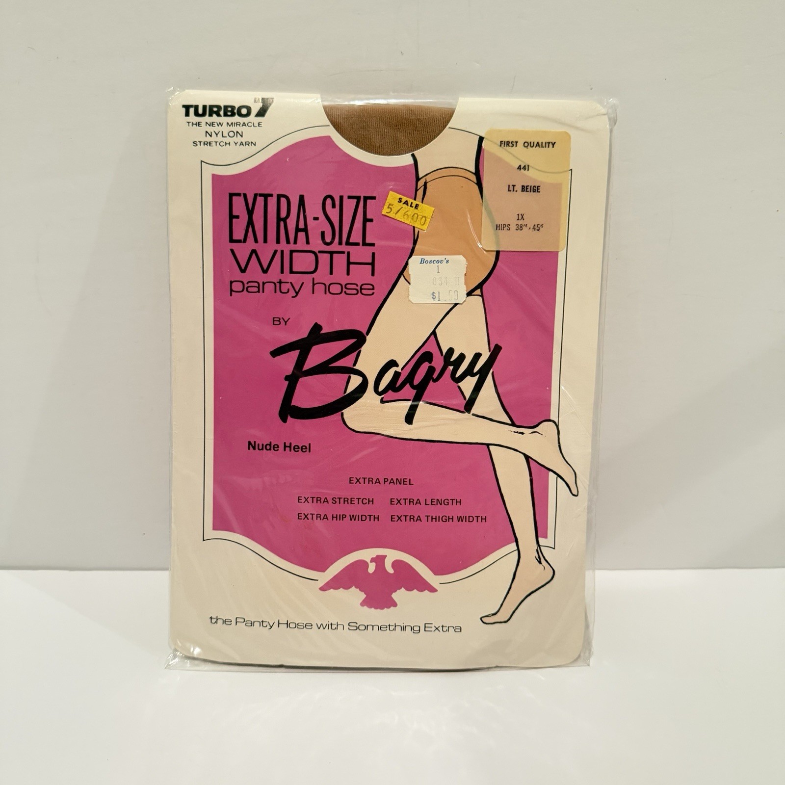 1970’s Marathon Trubo 7 Panty Hose Nylons 1X 38-45″ Hip Beige Extra-Size Width