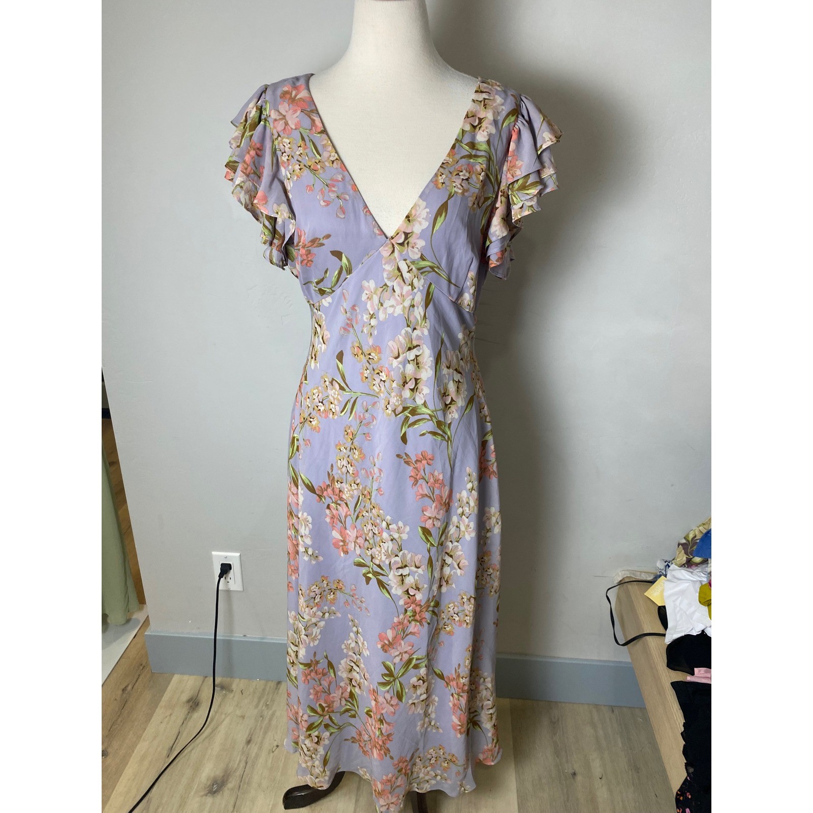 Taylor Vintage 90s Lavender Floral Maxi Dress Ruffle Flutter Sleeve Purple L