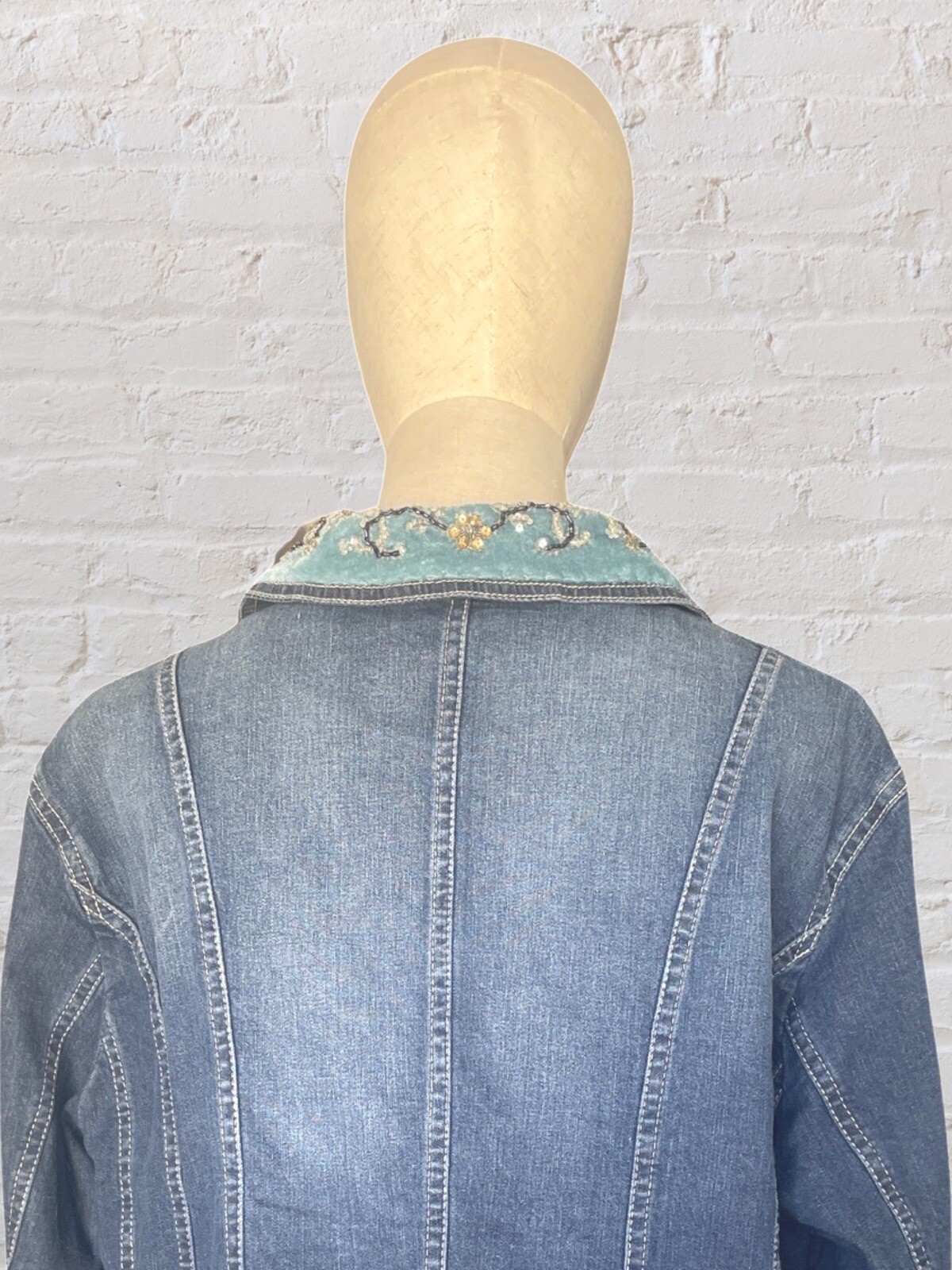 Vintage 90’s Y2K Denim Jacket With Valve Beaded Collar Boho Cottagecore Fairy