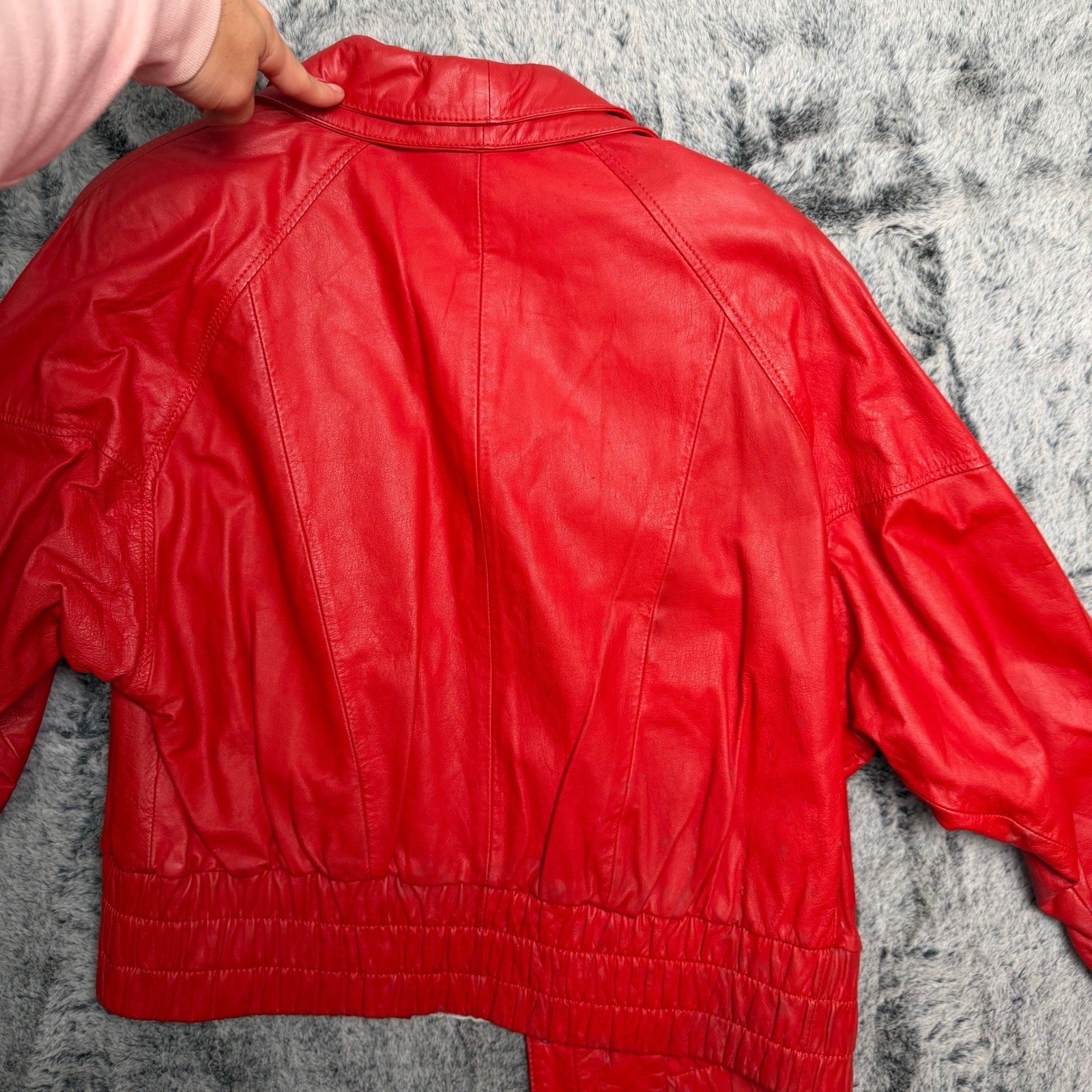 Out of Bounds Red Leather Bomber Jacket Collared Elastic Waist Size S