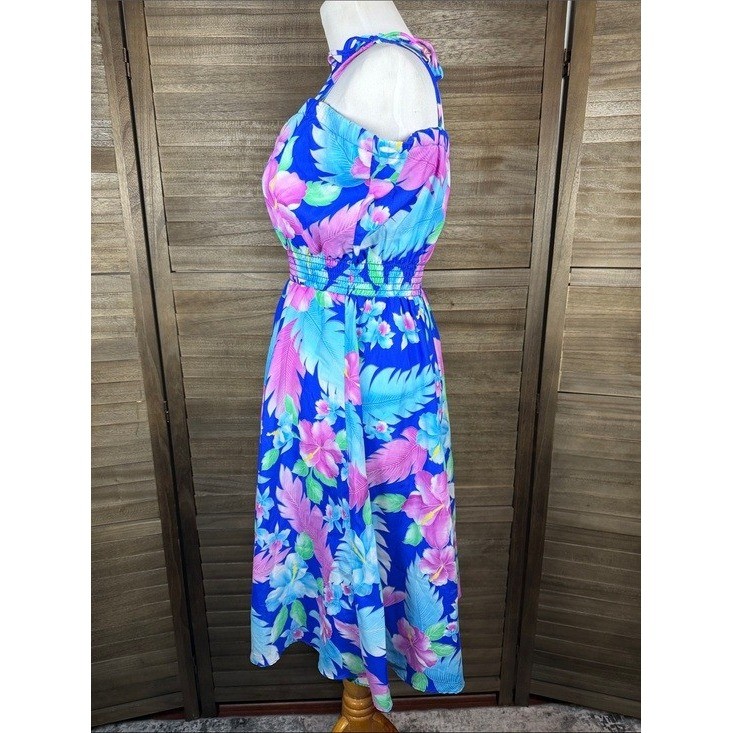 Island Fashions Honolulu Hawaii Vintage Floral Tropical Midi Dress Blue Pink L