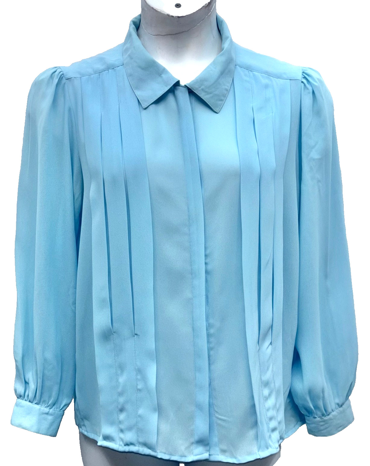 VTG Joan Harper Women Size 16 Button Up Long Sleeve Chiffon Top Baby Blue Pleats