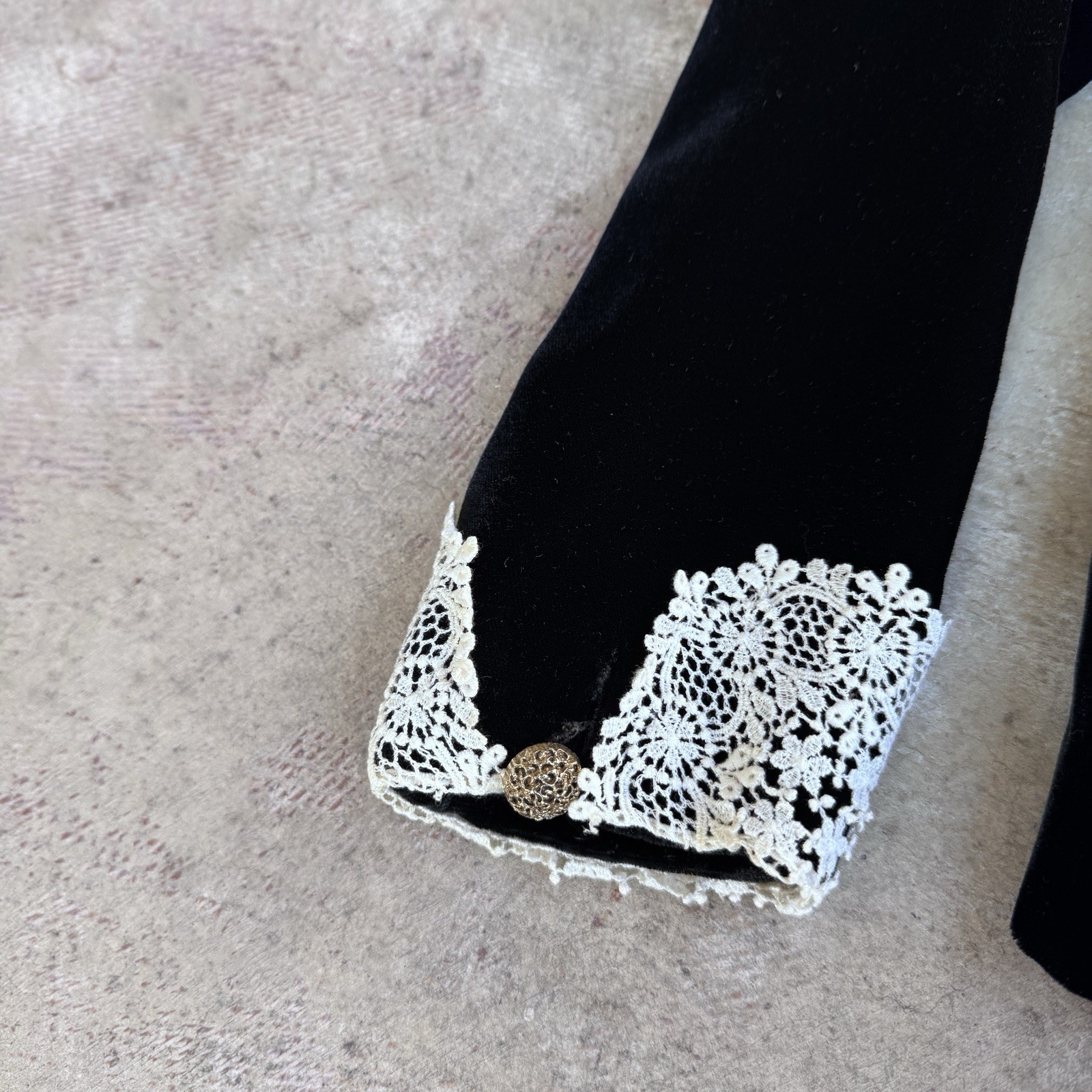 Vtg 80s Celine Velvet Blouse Lace Peter Pan Collar Jacket Tie Ribbon Silk Paris