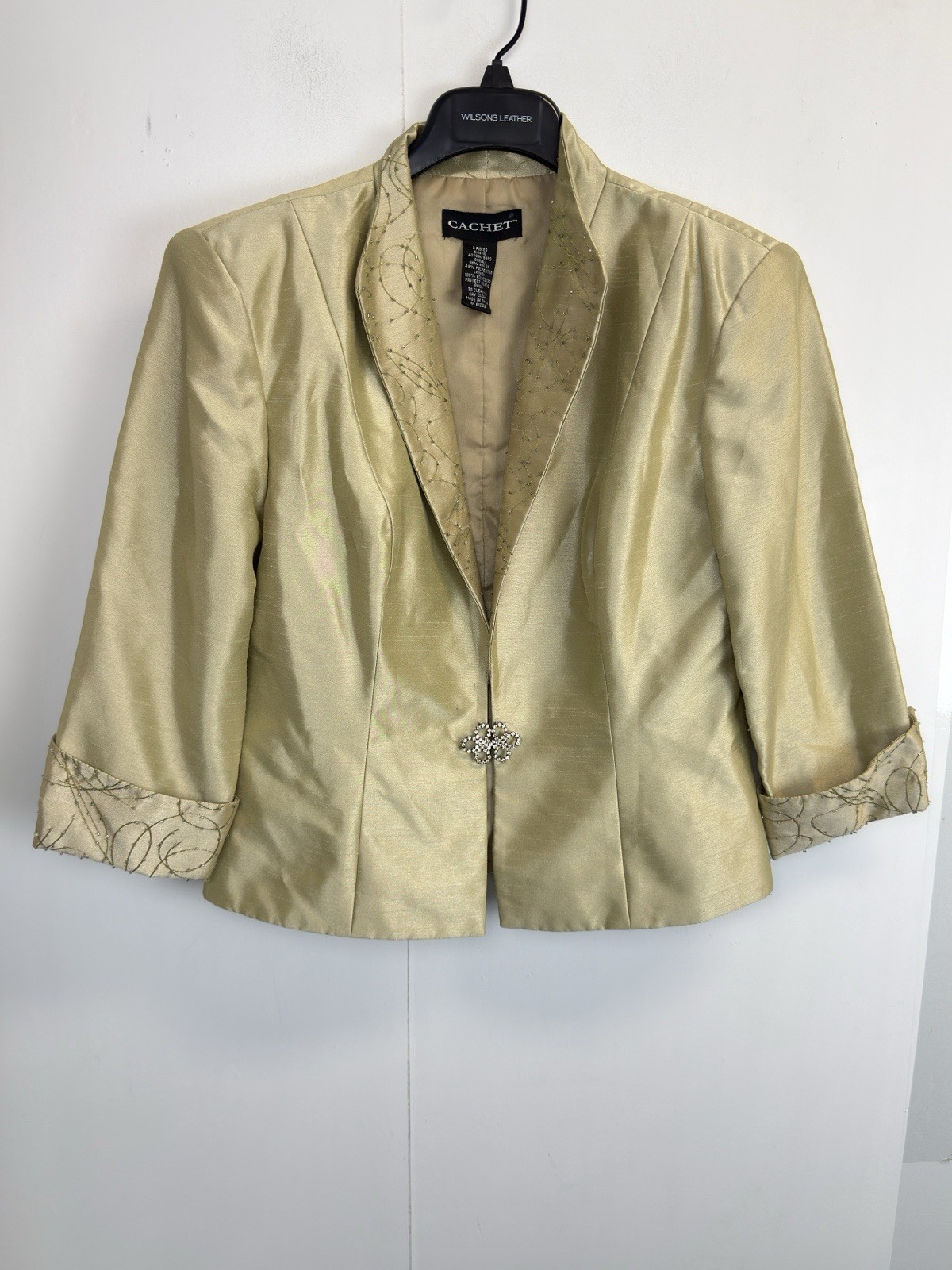 Vintage Cachet Women’s 10 Gold Beaded Formal Blazer Jeweled Clasp 3/4 Sleeves
