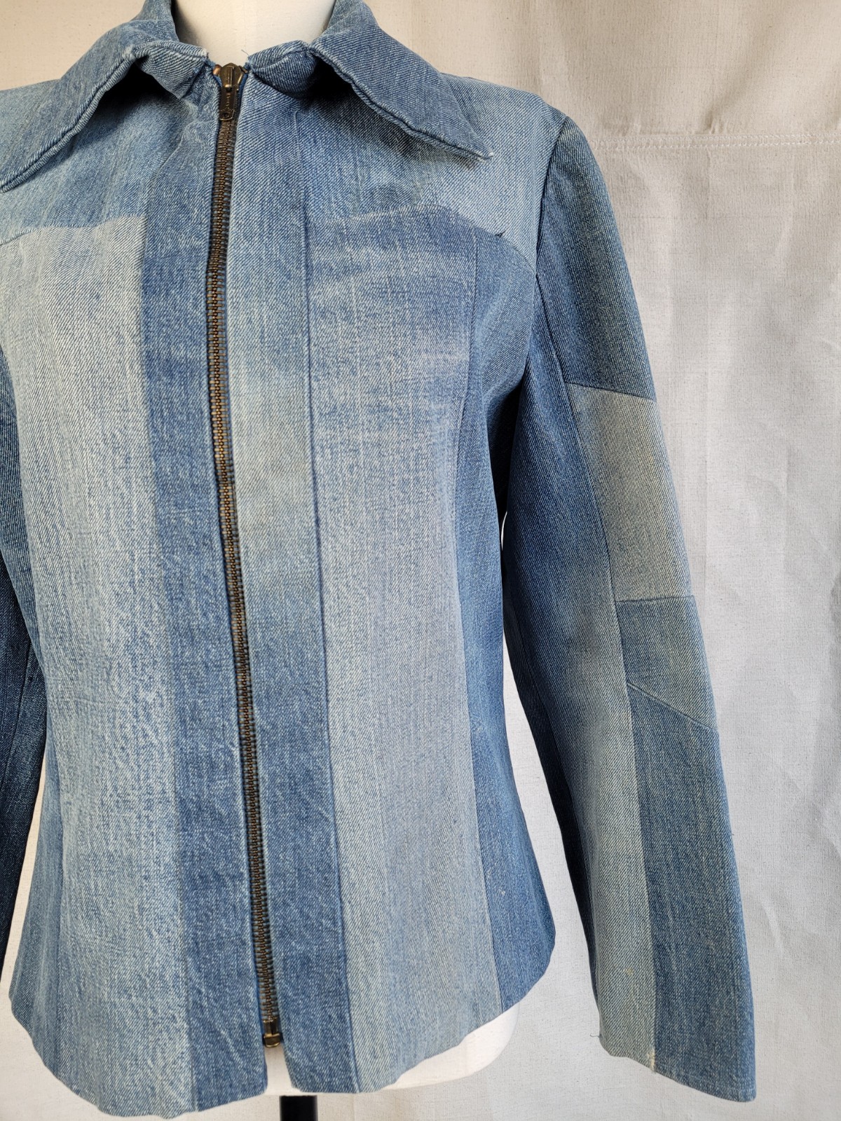 1970s Patchwork hand sewn wide collared denim zipper front jacket