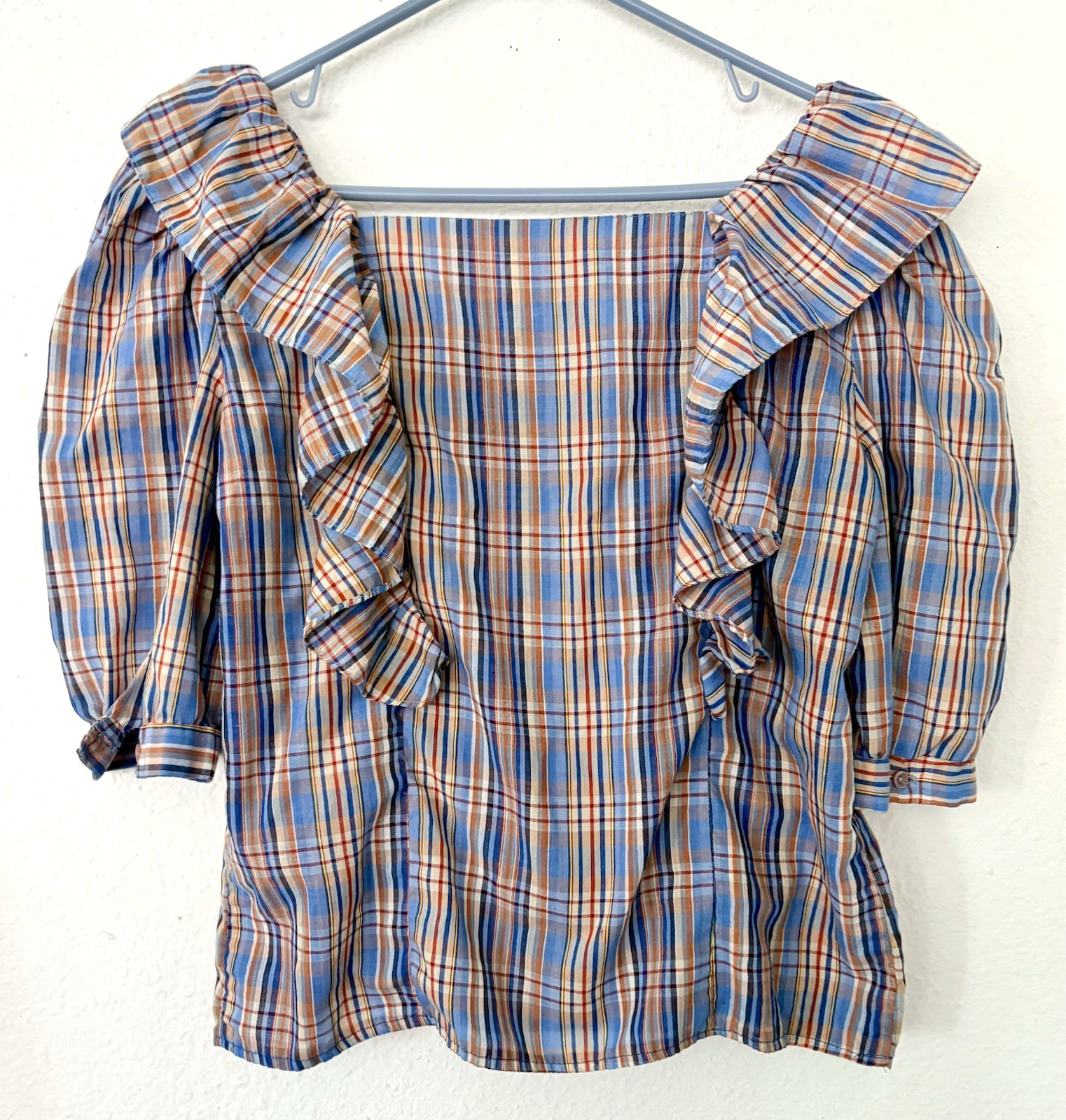 Vintage 70s Plaid Prairie Ruffle Blouse M Cottagecore Puff Sleeve Peasant Top