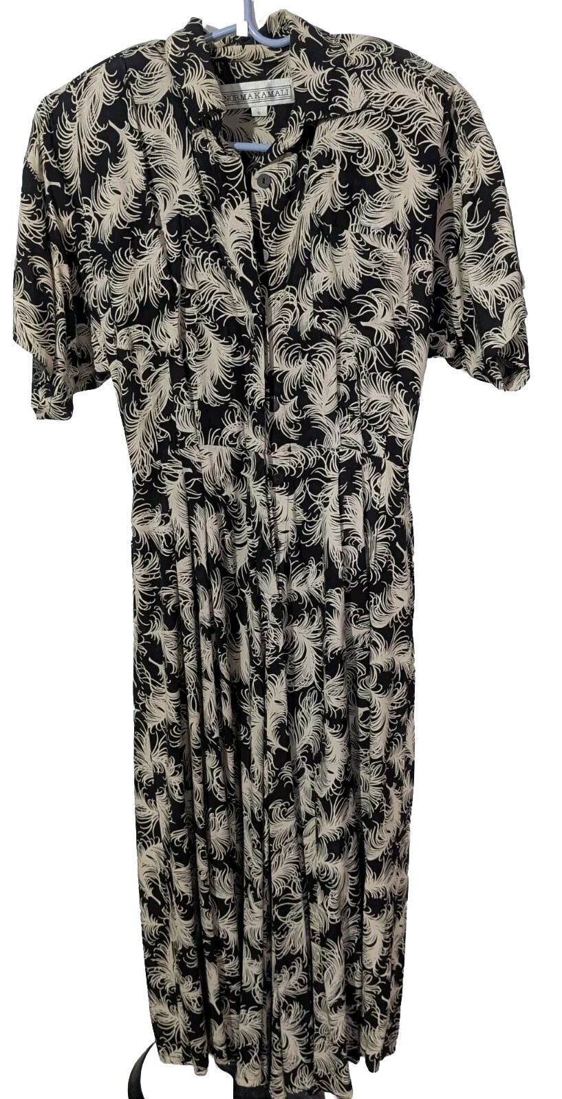 Norma Kamali Dress Feather Print Sz 6 Button Down 1/2 Black Off White Pockets