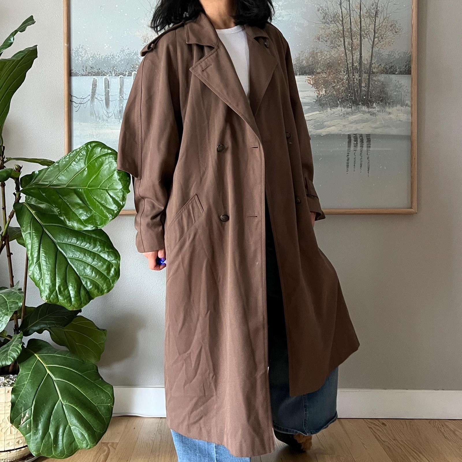 Vintage Brown Trench Coat Minimalist Long Coat Classic Oversized 90s Chic