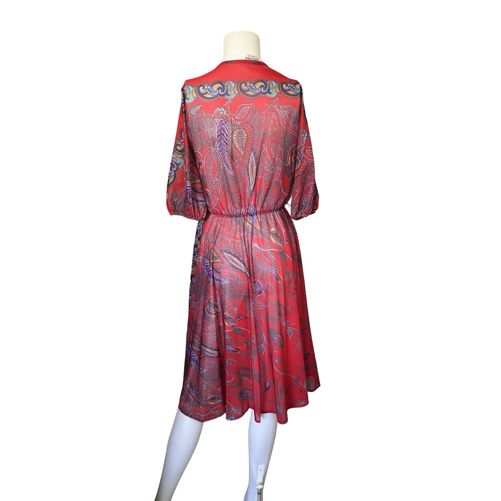 Vintage 80s NPC Fashions Dress Sheer Colorful Red Floral Print