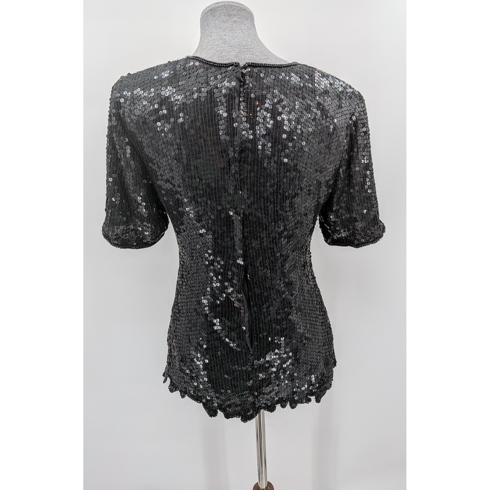 Glam Wedding Party Vintage Stemay Black Gold Sequin Floral Silk V-Neck S Top