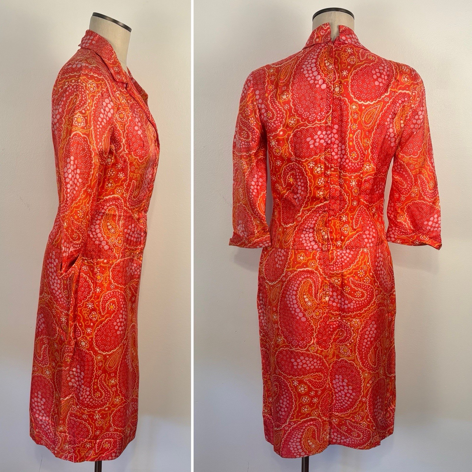 VTG 60s Mod Sheath Dress Orange Pink Psychedelic Paisley Silky Union Made S/6