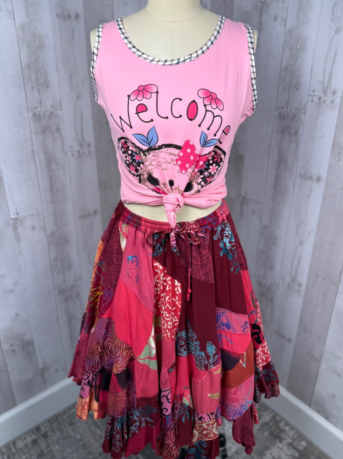 Vintage 1980s Patchwork Skirt Elastic Waist Hot Pink/Magenta +Free Bonus Top M/L