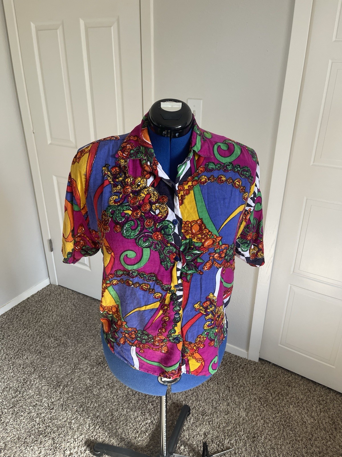 1980s Jane Ashley Sz Medium Multicolor SS Button Up w Beading, Checkers, Jewels