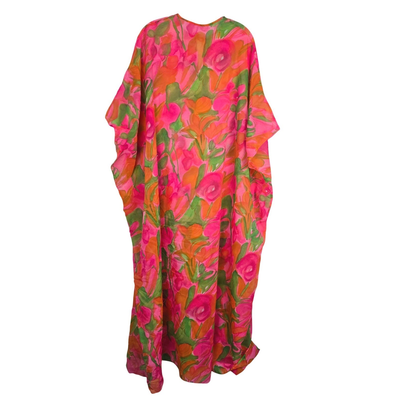 VTG 70s Georgie Keyloun Floral Caftan Dress Sheer Neon Pink Orange ILGWU READ