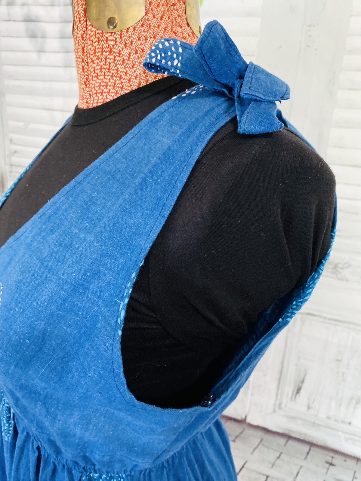 HANDMADE INDIGO KANTHA/SASHIKO EMBROIDERY GEOMETRIC MAXI DRESS SKILLED ARTISANS