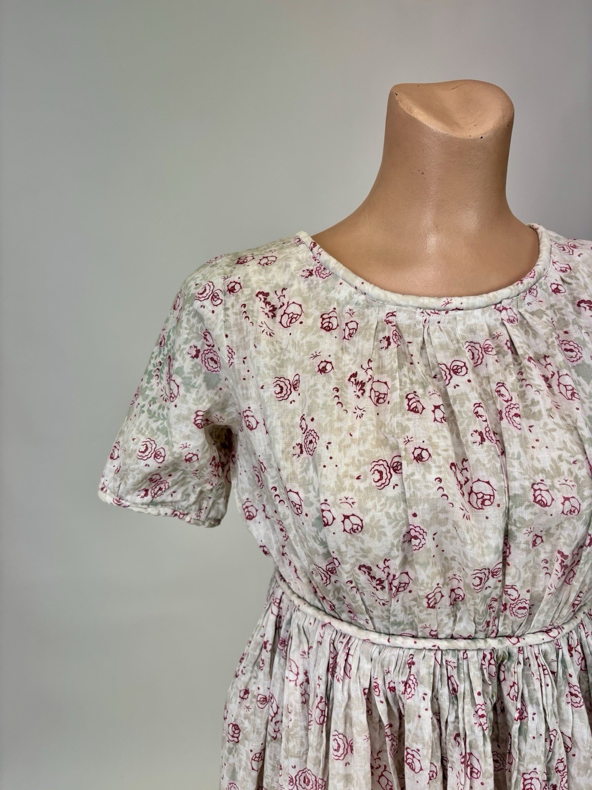 Vintage 1910s Childs Dress Short Sleeves Floral Print Pink Beige Soft Green