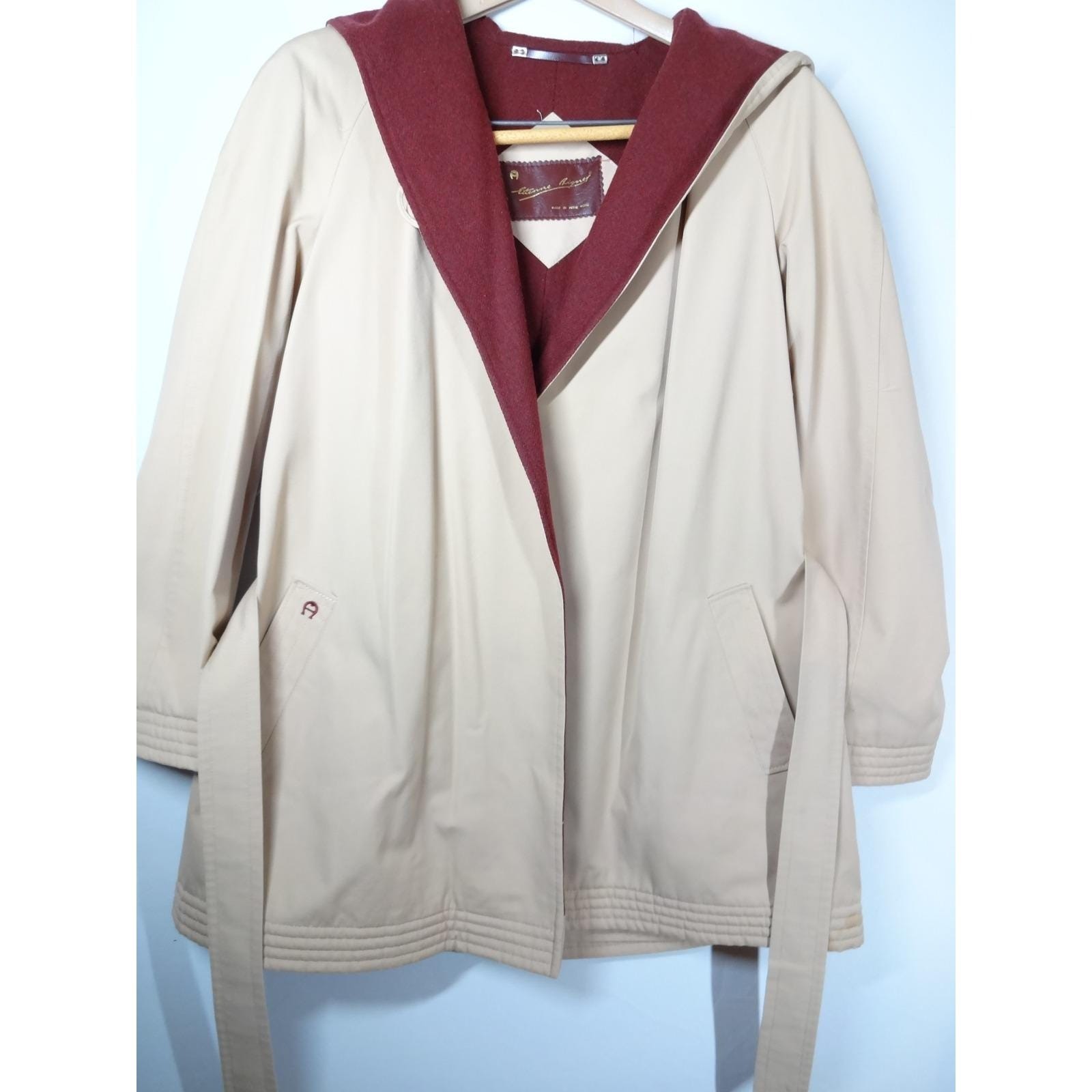 VTG Etienne Aigner Crop Trench Coat L Tan Burgundy Hood Belted Jacket and Gloves