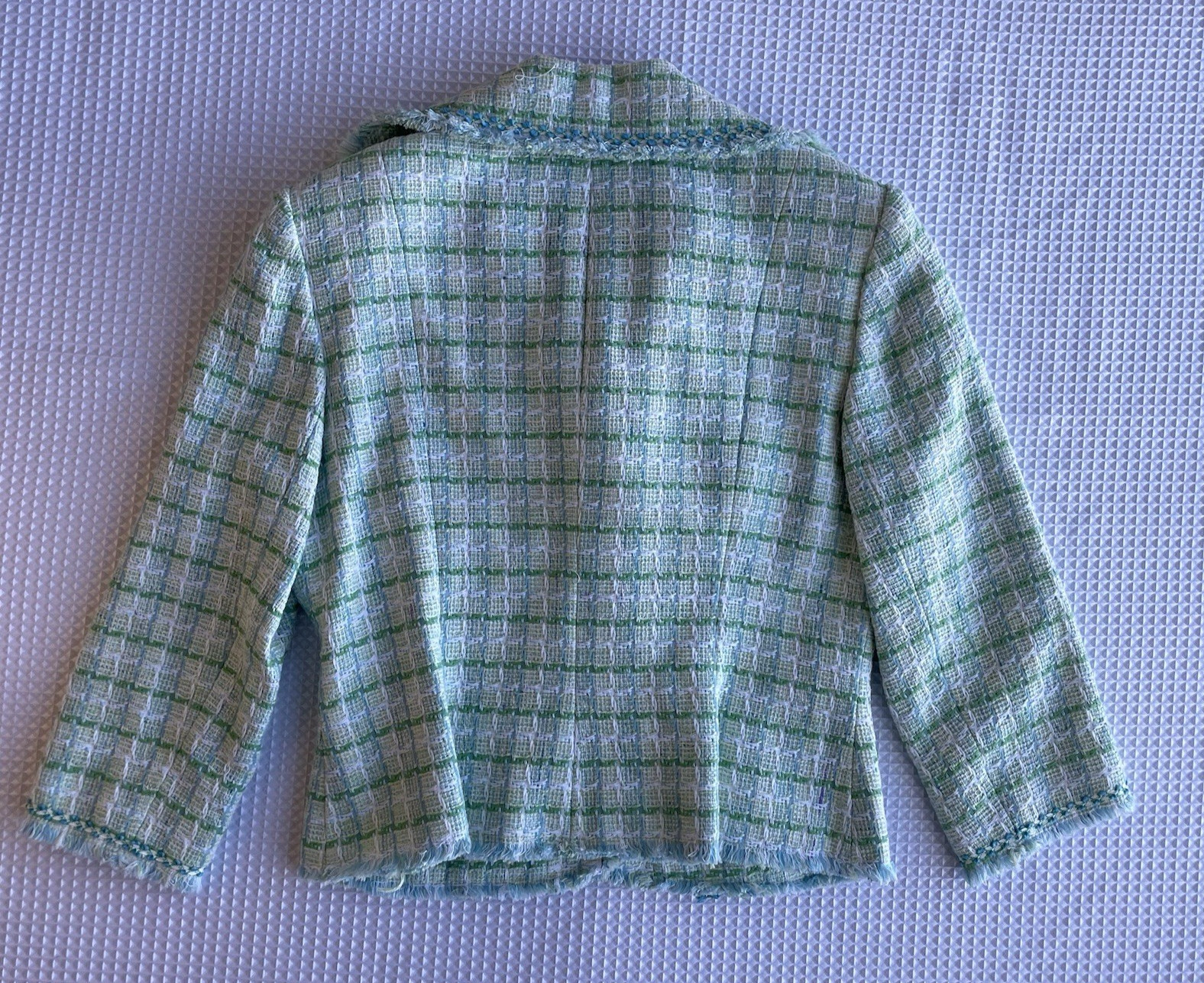Kay Unger New York Tweed Jacket Skirt Suit | Fringe Trim | Pastel Green Sz 12