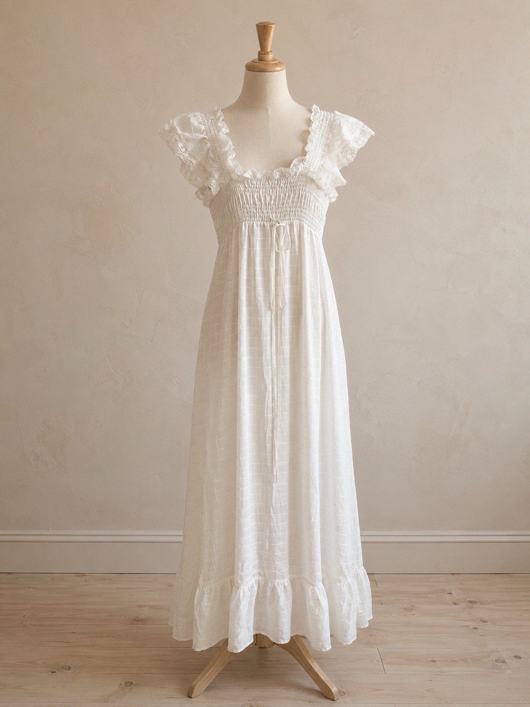 Vintage 1970s Handmade White Prairie Maxi Dress Smocked Lace Cottagecore S/M