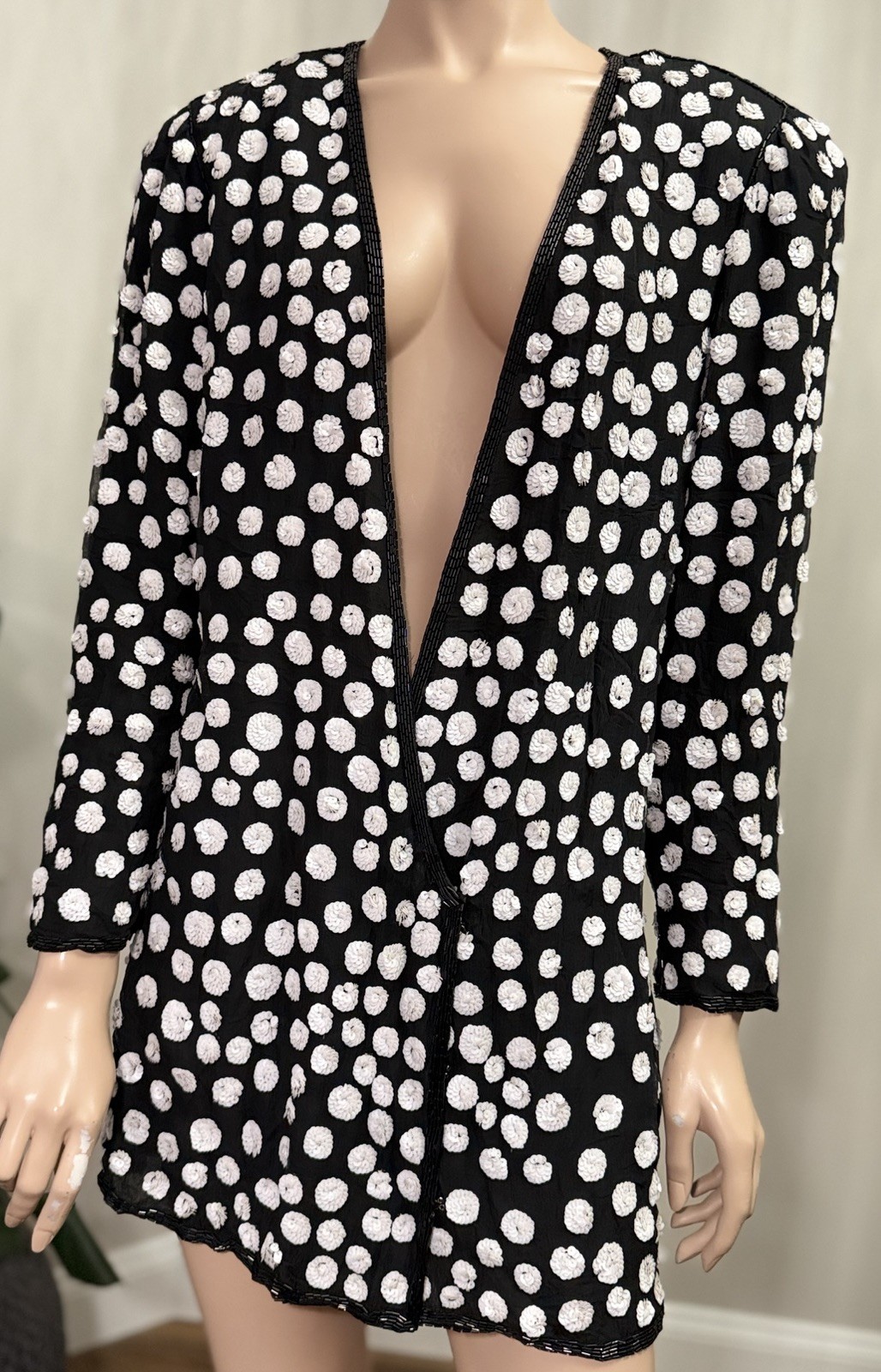 Vtg Judith Ann Creations 100% Silk Beaded Sequin Jacket Black White Polka Dot M