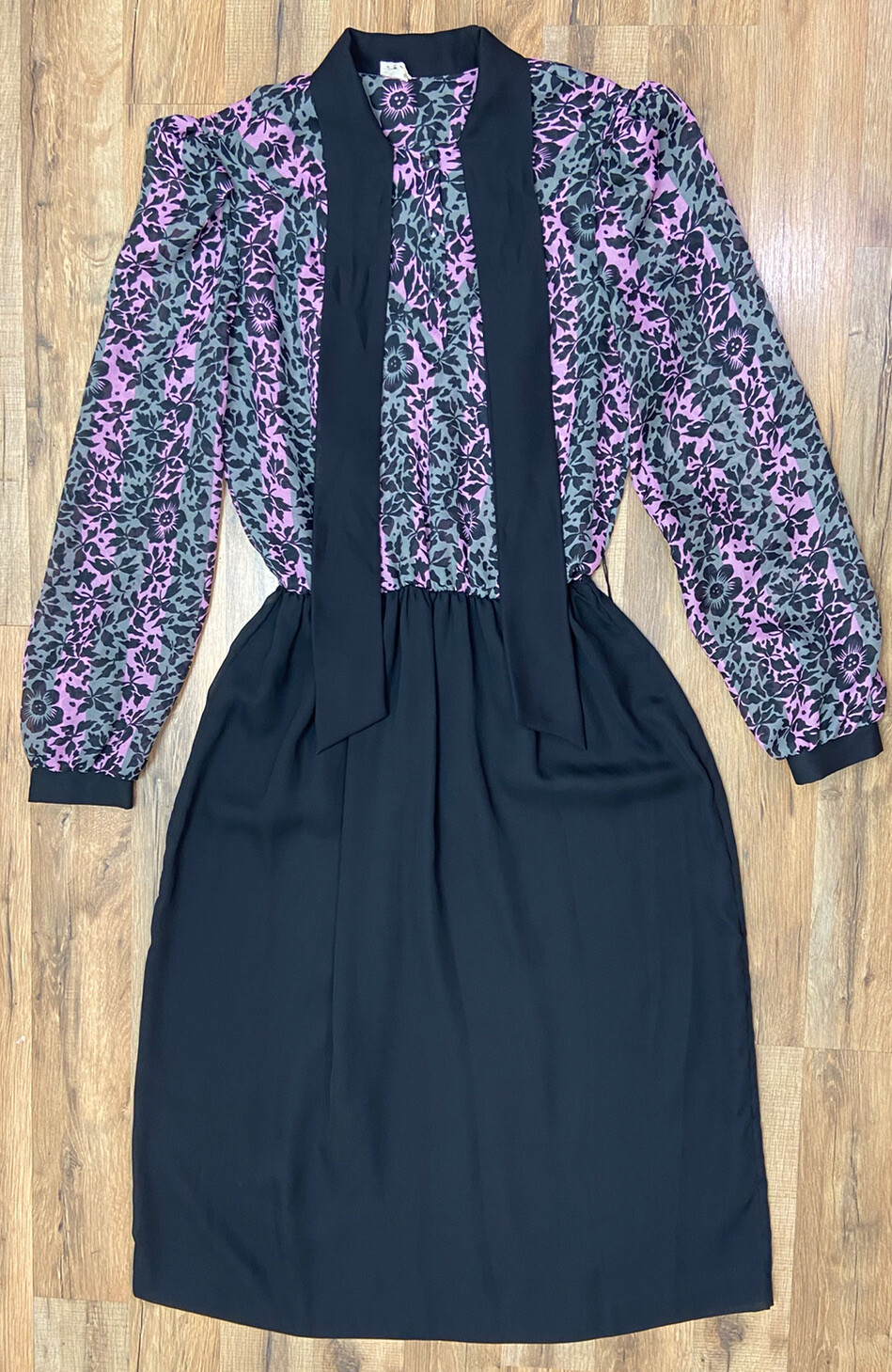 Vintage 60s Sheer Black and Purple Floral Blouson Tie Neck Dress Women’s Size 12
