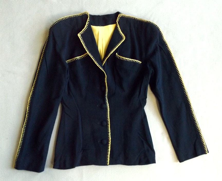 Vtg 1940s Womens Navy Blue Blazer Wool Suit Jacket Button Front Fancy Edge B33 S